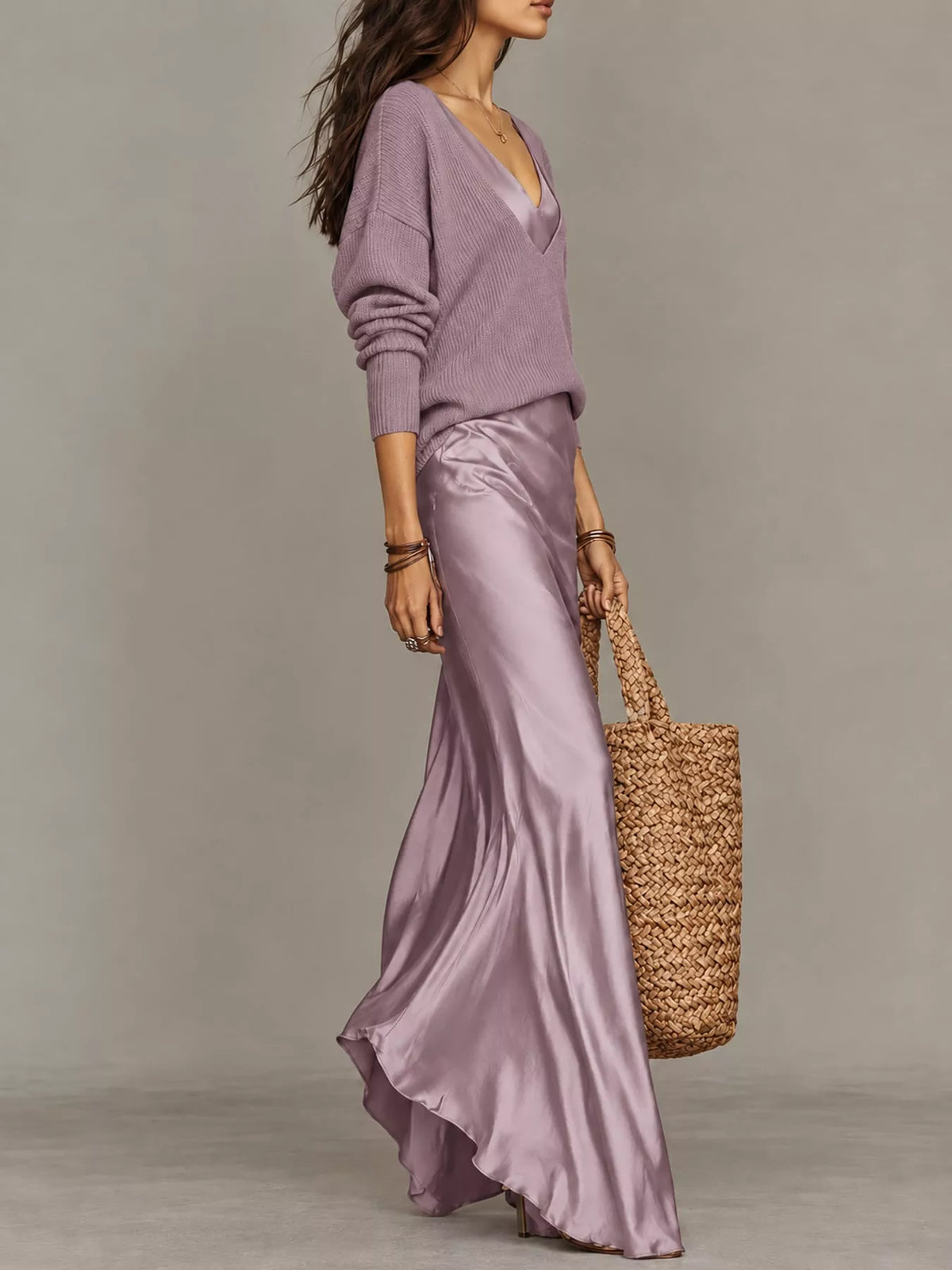 Satin Maxi Dress Two-Piece Set — side view