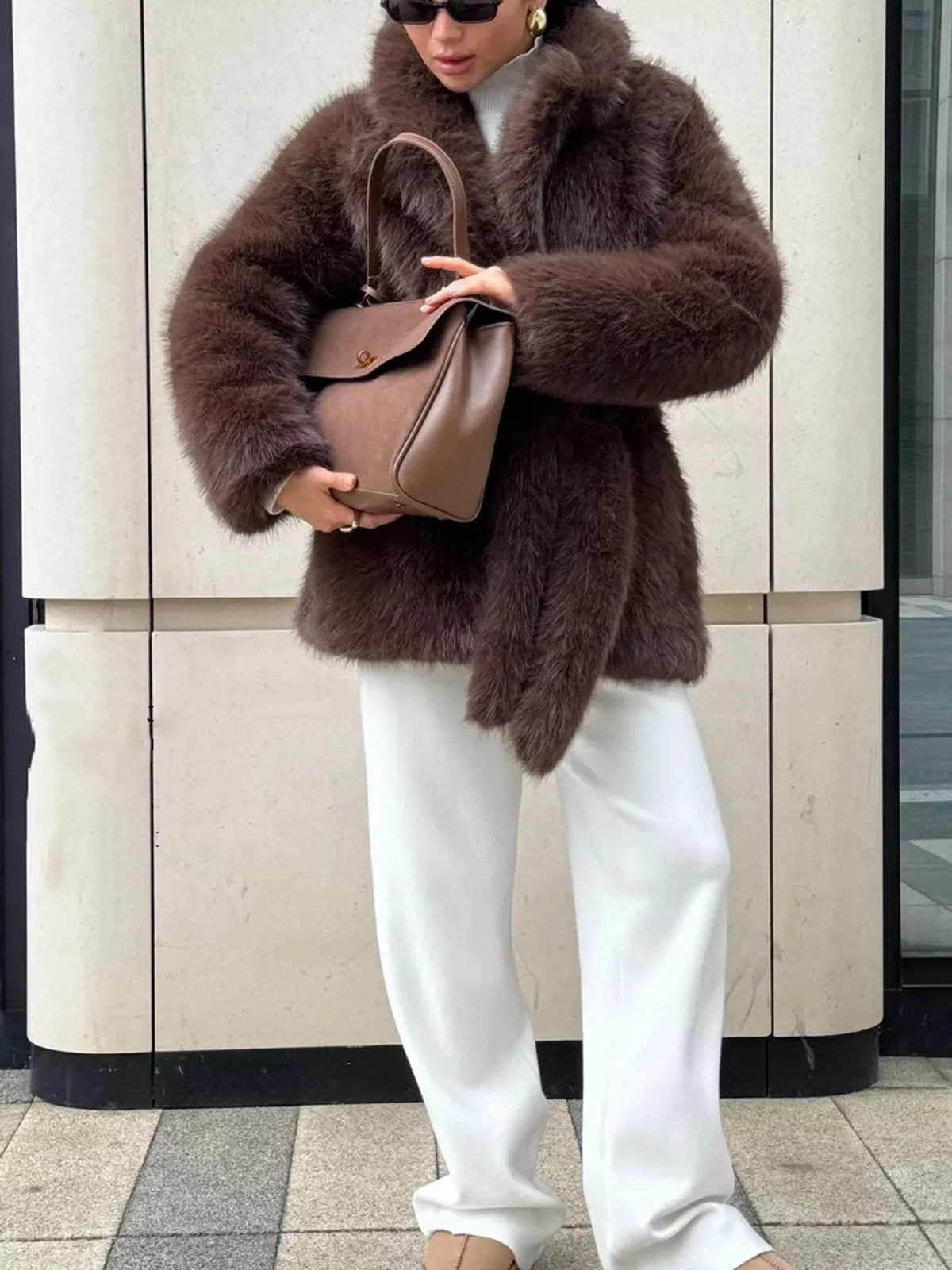 Faux Fur Belted Coat in brown