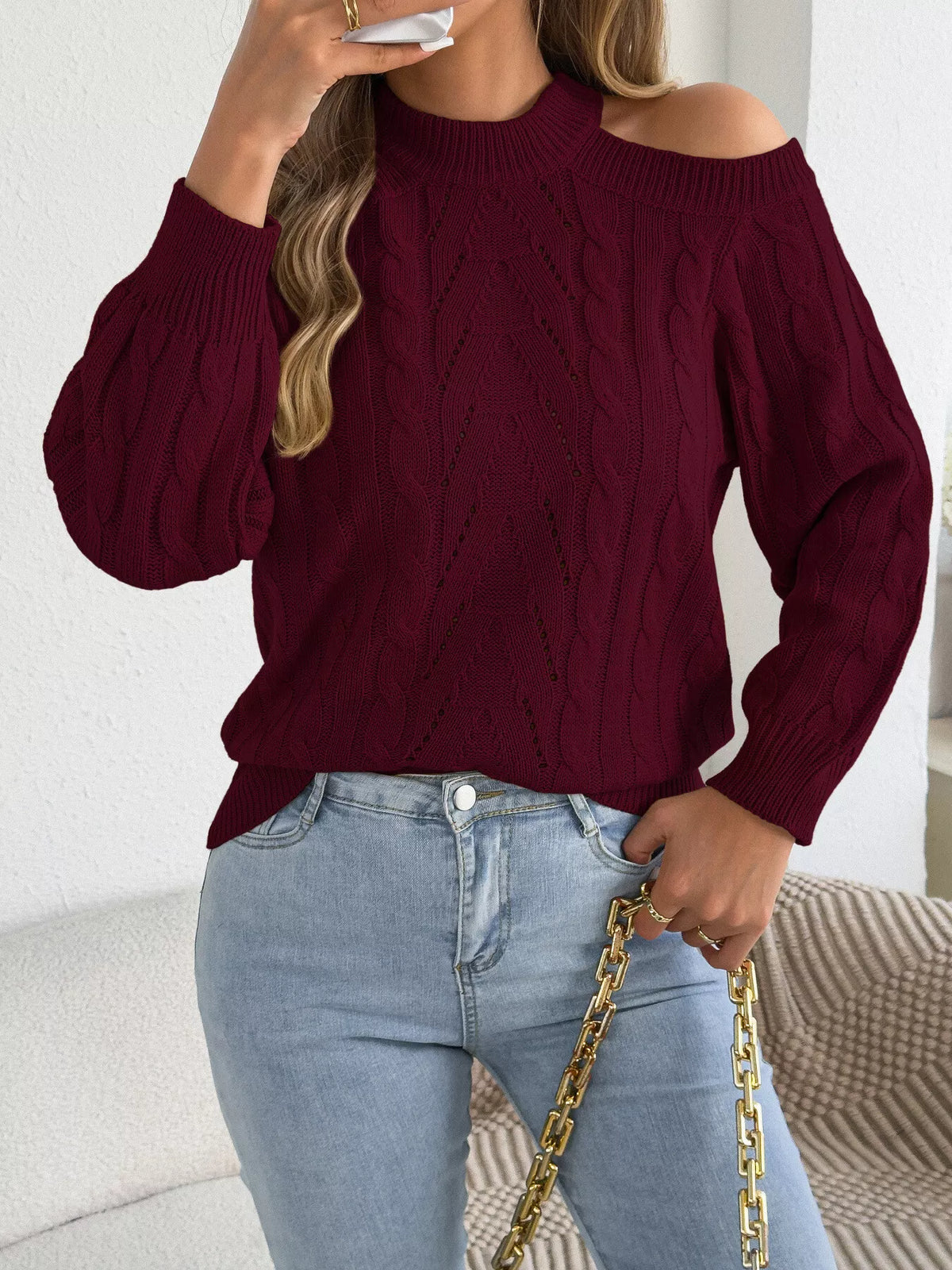 Cold Shoulder Cable Knit Sweater in burgundy, front view