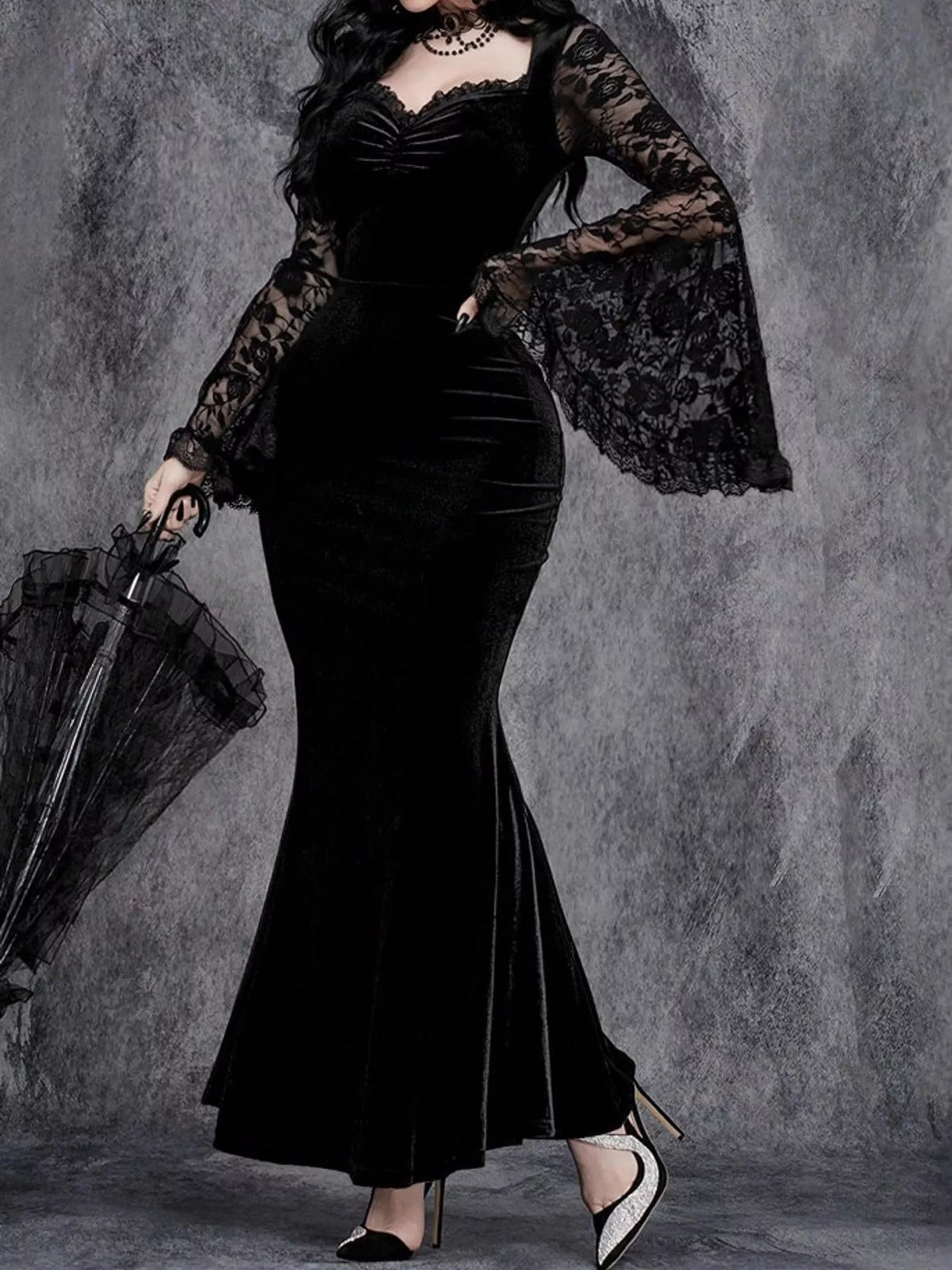 Black lace flare sleeve maxi dress — front view