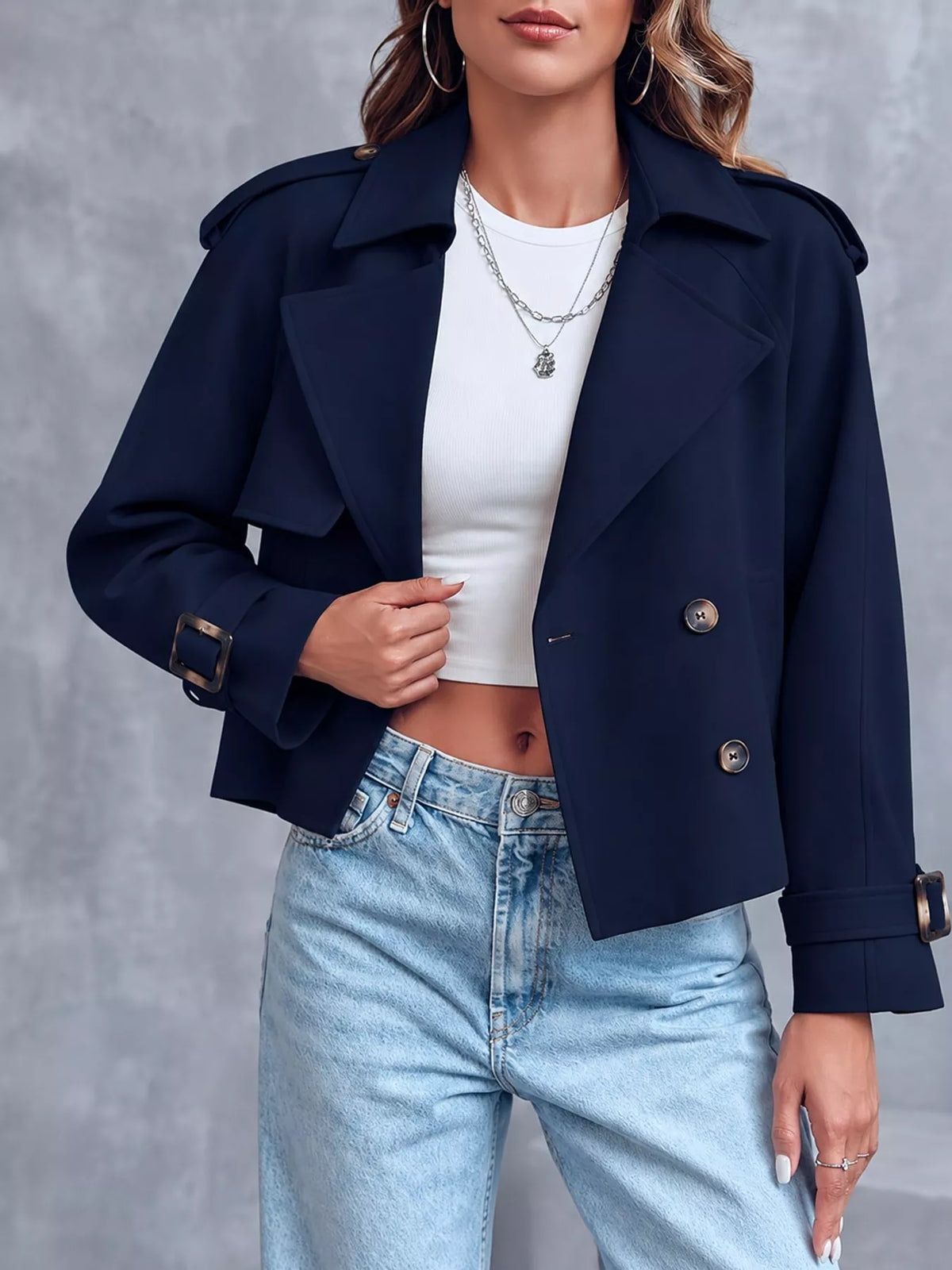 Women's Double-Breasted Cropped Trench Coat in navy — front view