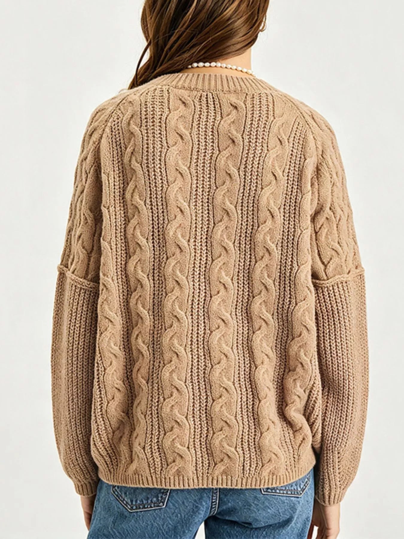 Trendsi Cable-Knit Dropped Shoulder Sweater -