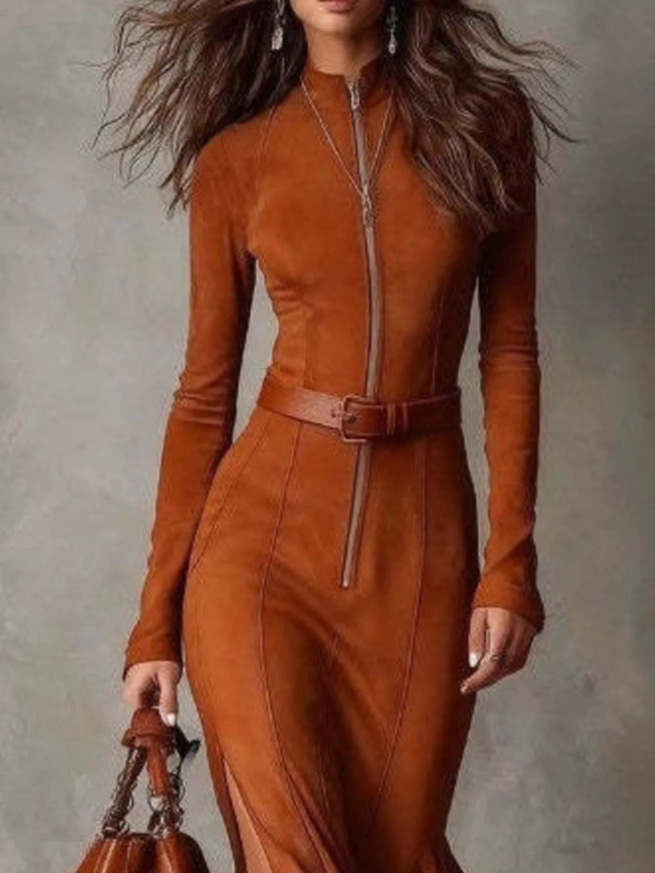 Trendsi Full Size Slit Zip-Front Long Sleeve Maxi Dress with Belt Plus Size -
