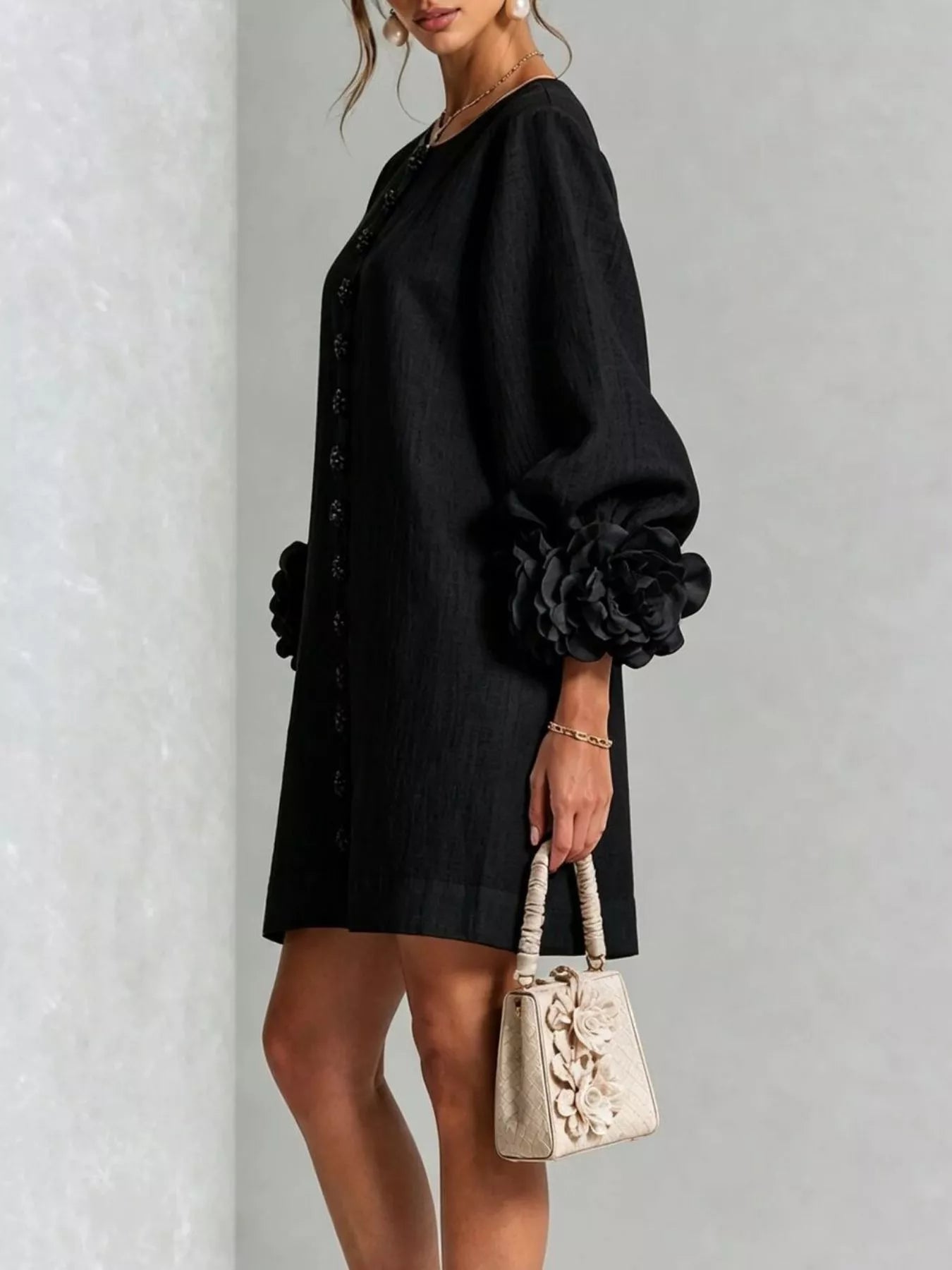 Trendsi 3D Floral 3/4 Sleeve Mini Dress -