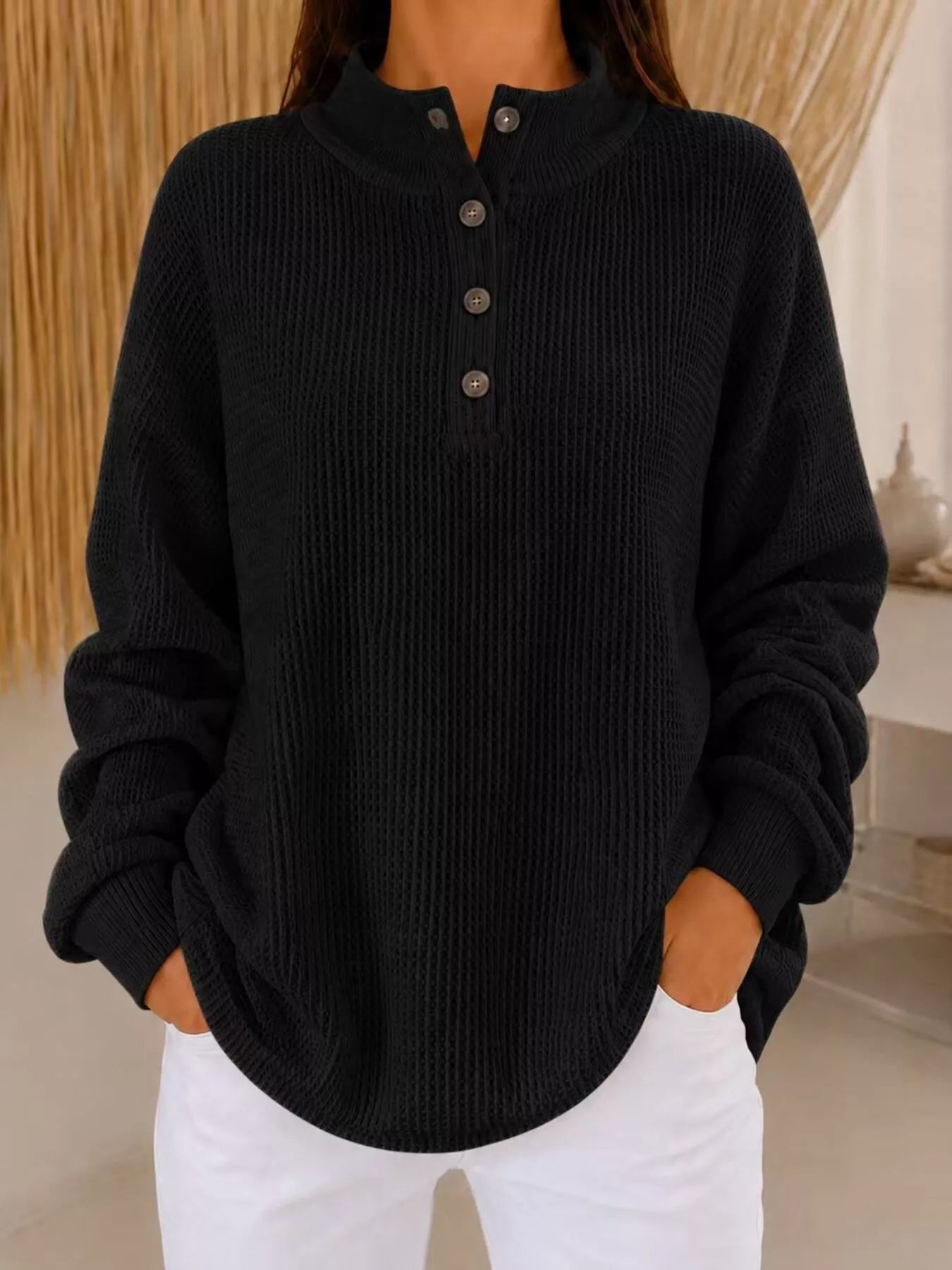Trendsi Full Size Waffle Knit Button Detail Sweatshirt Plus Size -
