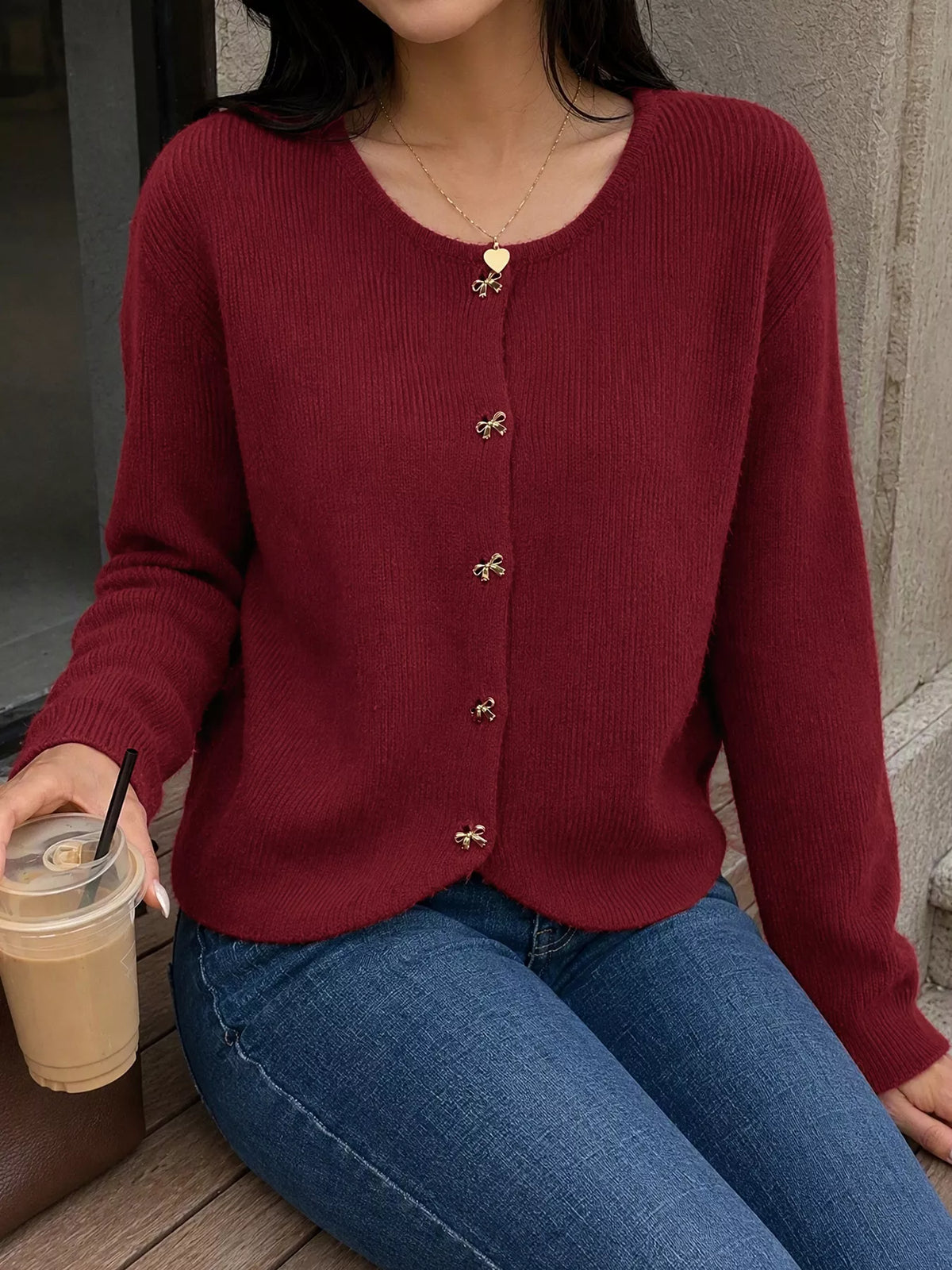 Bow button up knit cardigan
