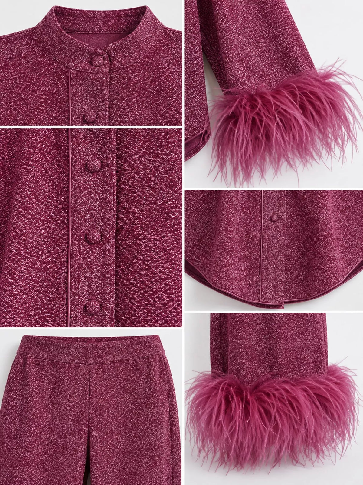 Burgundy feather-trimmed top and wide-leg pants set — design and construction details