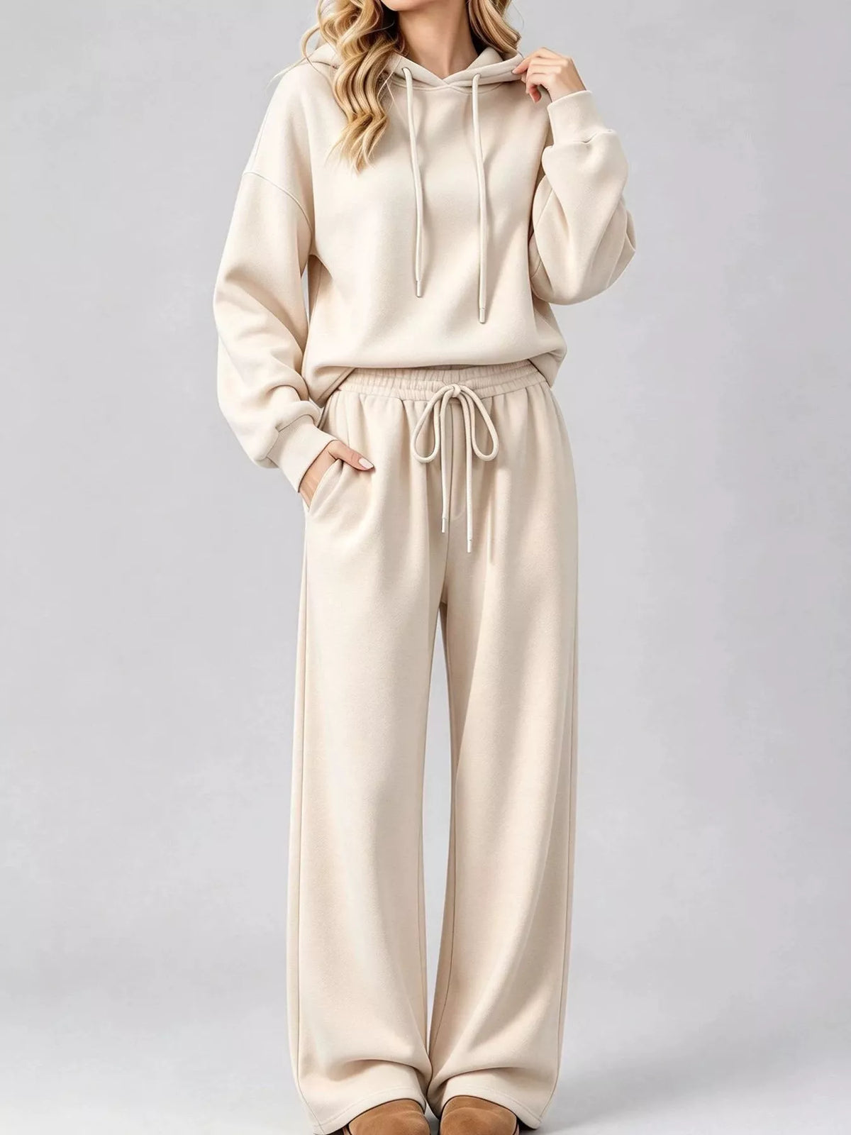 Apricot dropped shoulder hoodie and wide-leg pants set