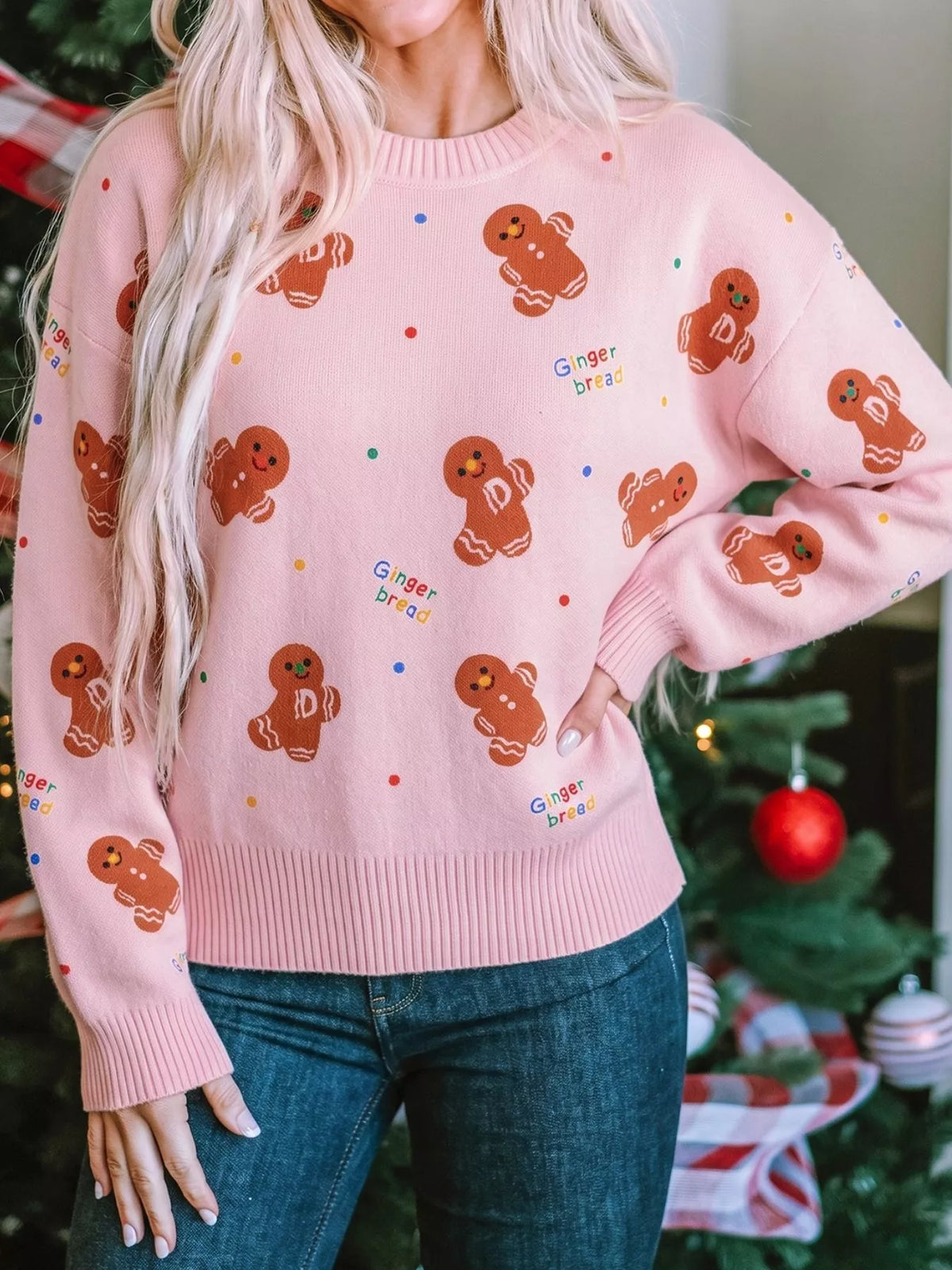 Gingerbread Pattern Long Sleeve Round Neck Sweater in pink, front view