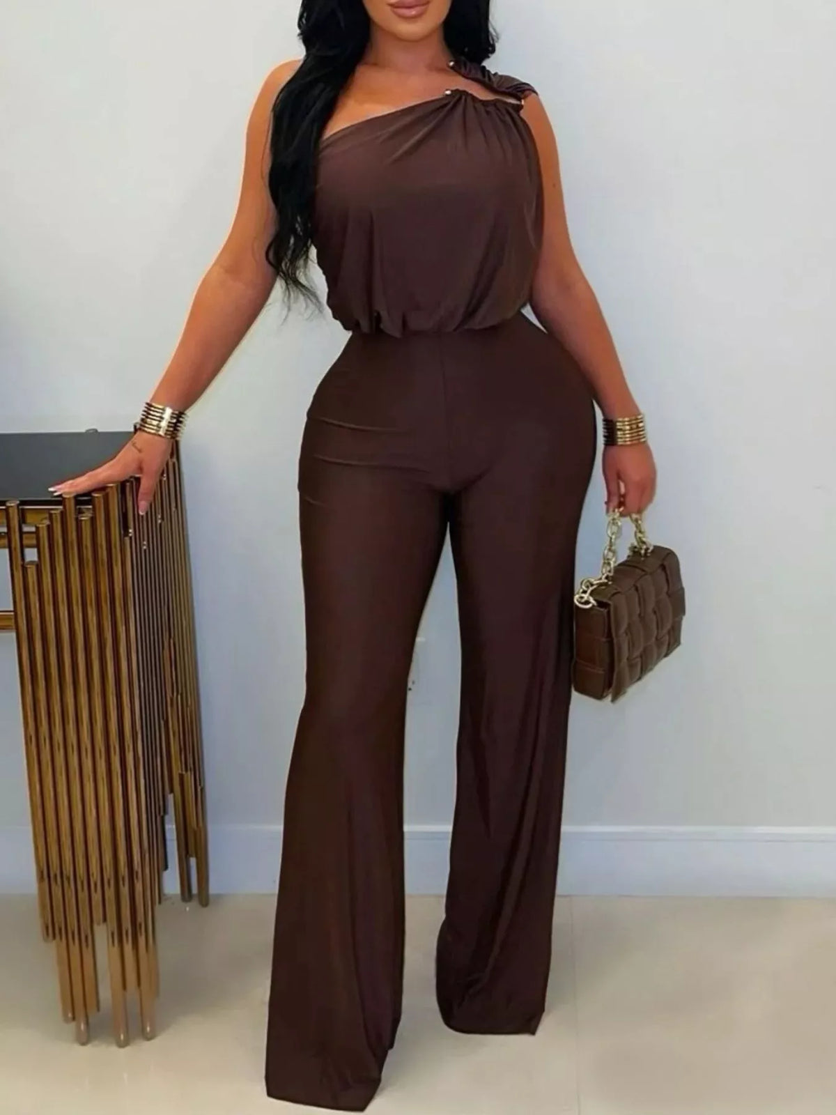 Brown one-shoulder wide-leg jumpsuit, front view.