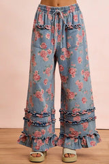 Trendsi BiBi Washed Floral Denim With Ruffle Elastic Wide Pants - Pants