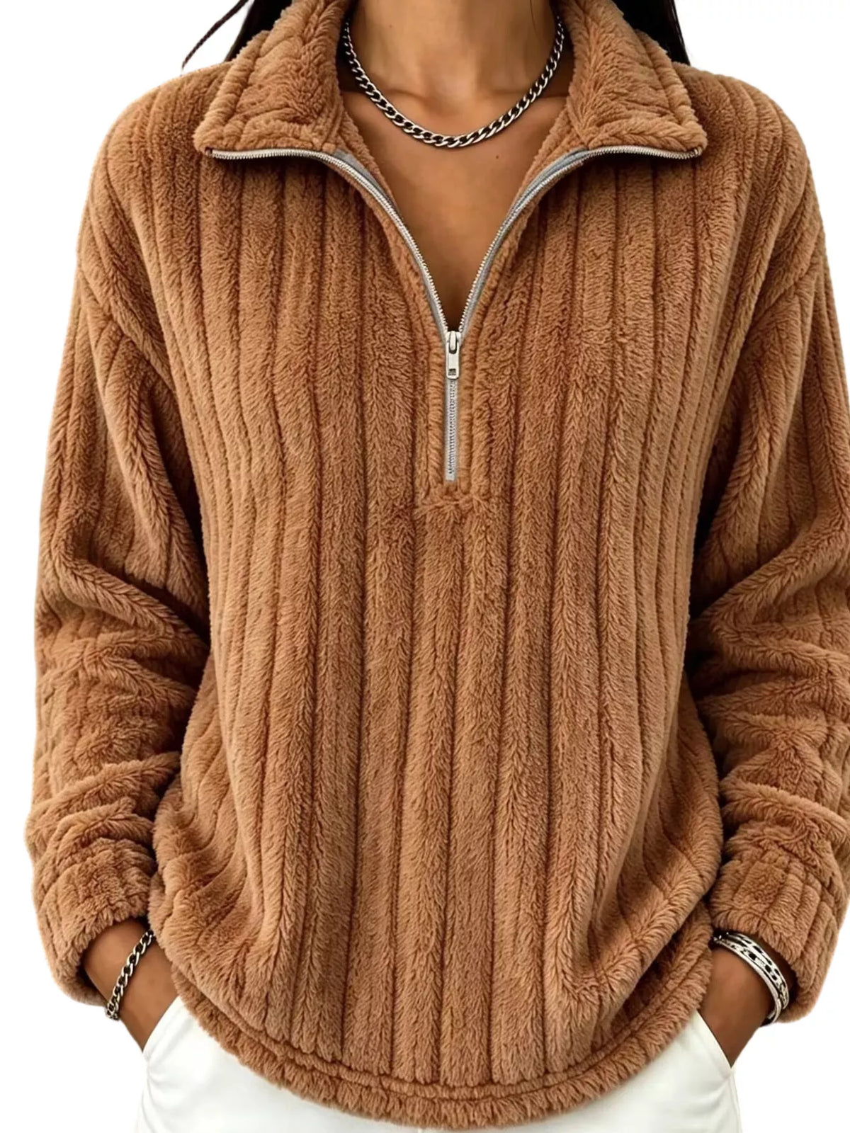 Caramel quarter-zip dropped shoulder sweatshirt