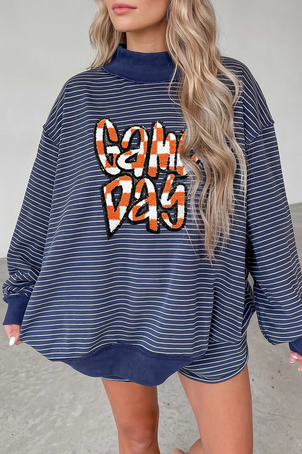 Trendsi Stripe GAME DAY Letter Print Long Sleeve Two Piece Graphic Shorts Set -