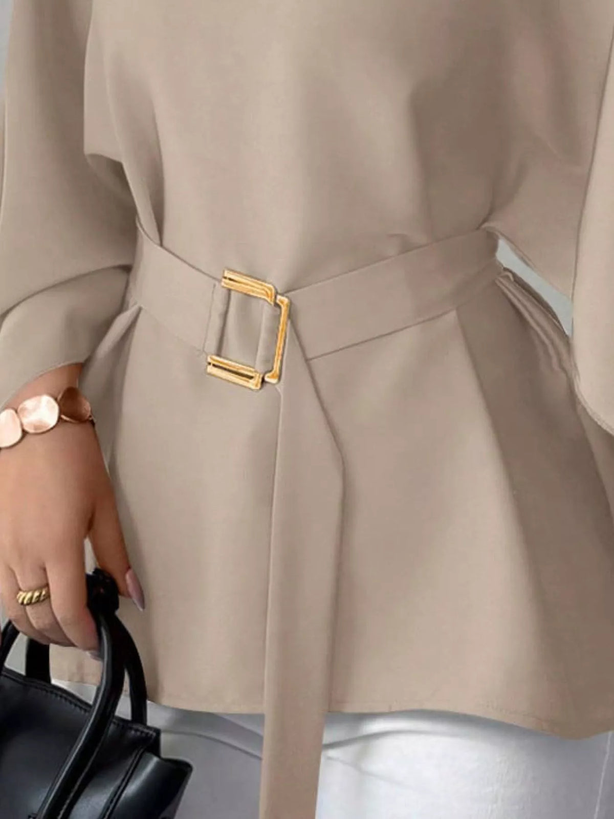 Round-neck belt batwing-sleeve blouse