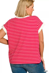 Trendsi Zenana Full Size Contrast Trim Cap Sleeve Stripe Tee Plus Size -