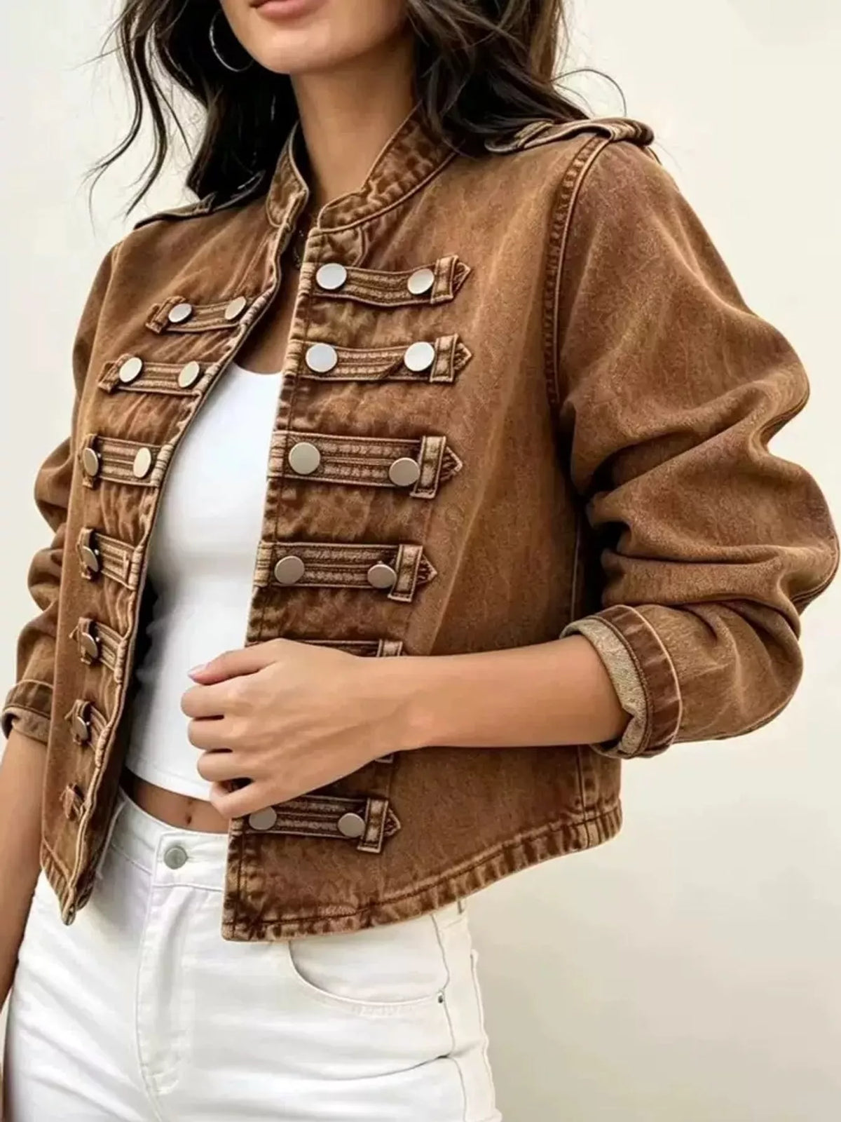 Decorative Button Cropped Denim Jacket — front view