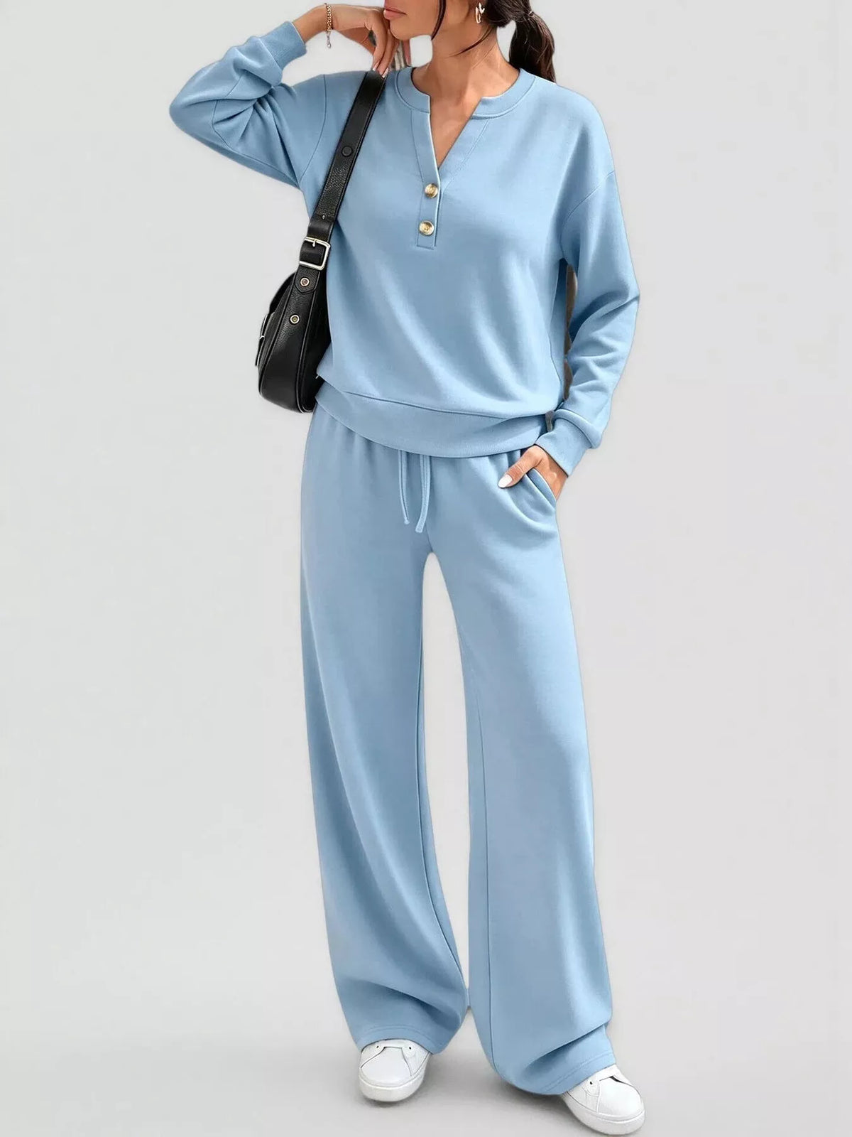 Button-detail dropped-shoulder top and pants set