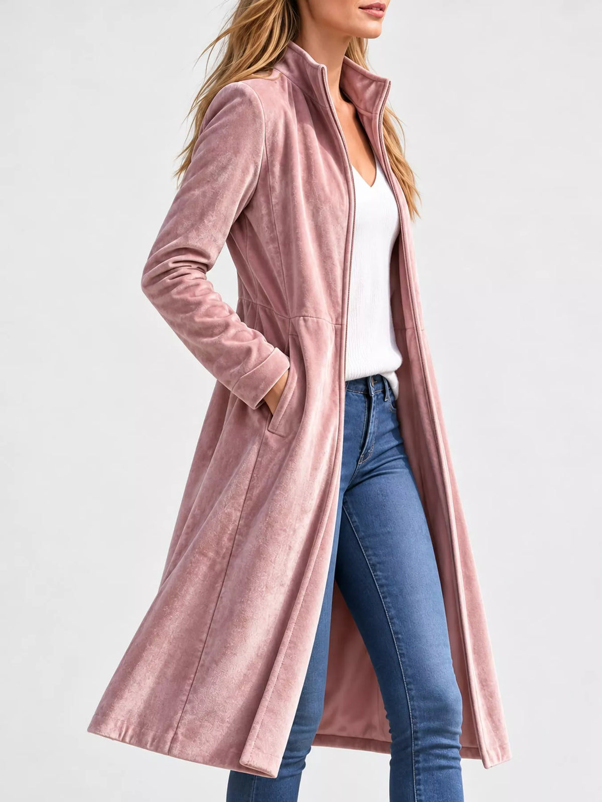 Pink velvet zip-up longline jacket