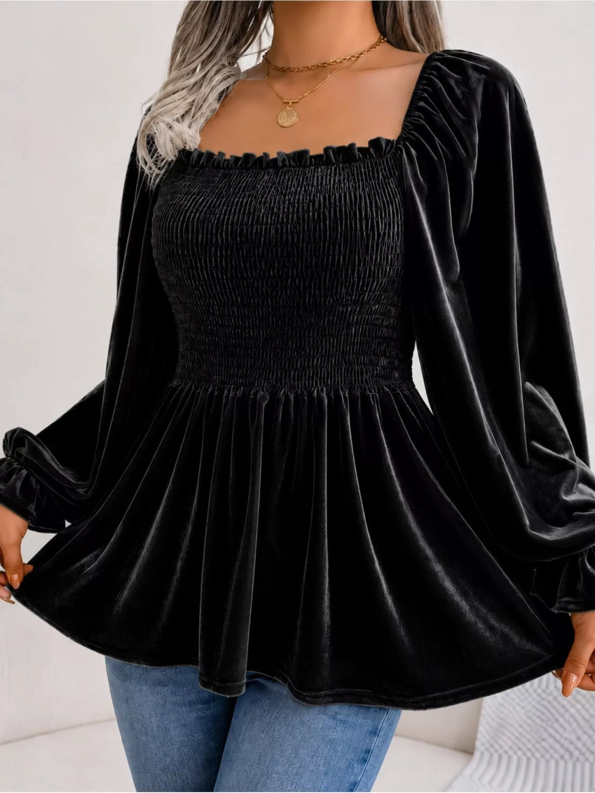 Women's Velvet Smocked Peplum Blouse in Black, front view
