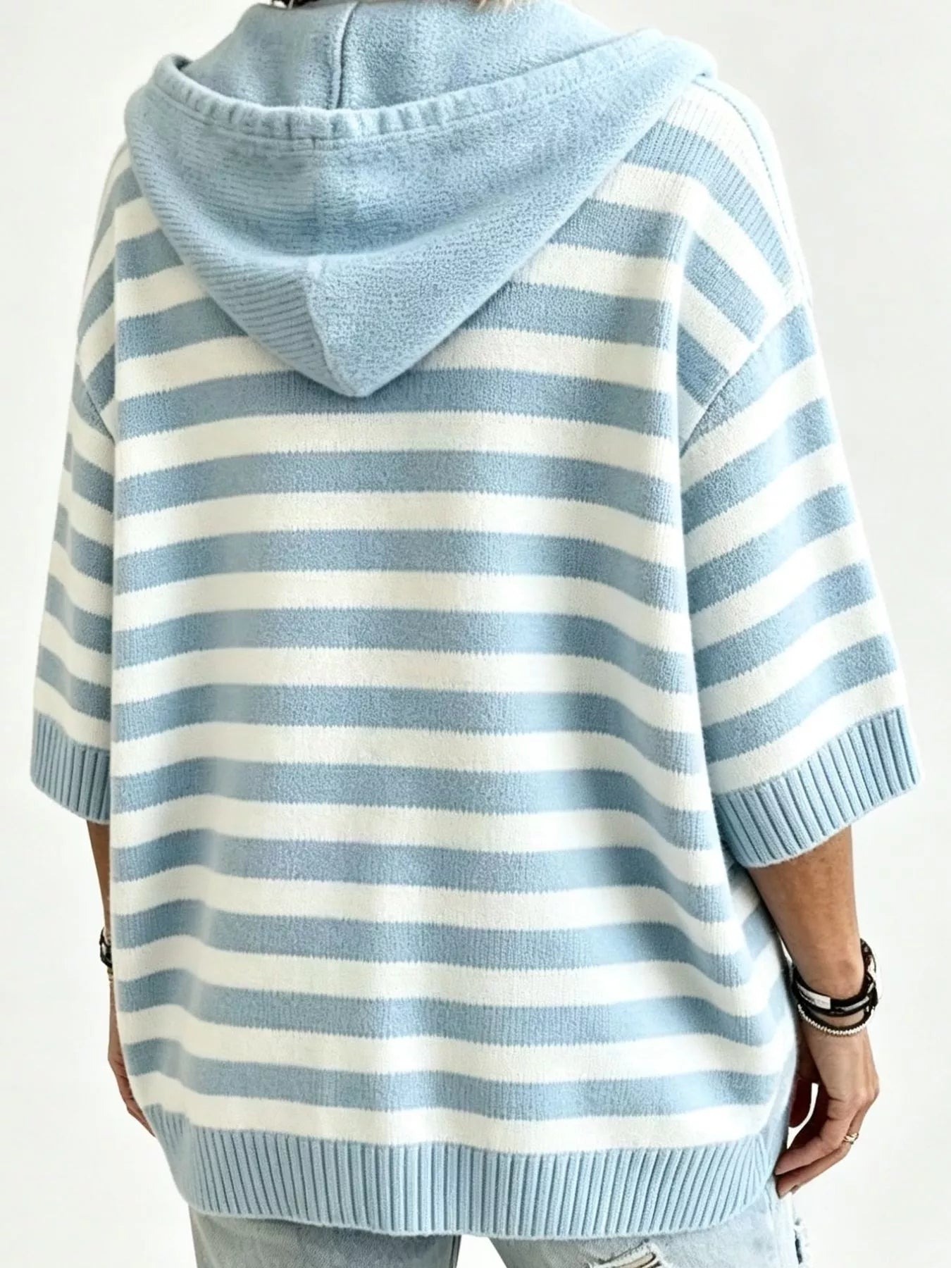 Trendsi Striped Hooded Sweater with Button Detail -