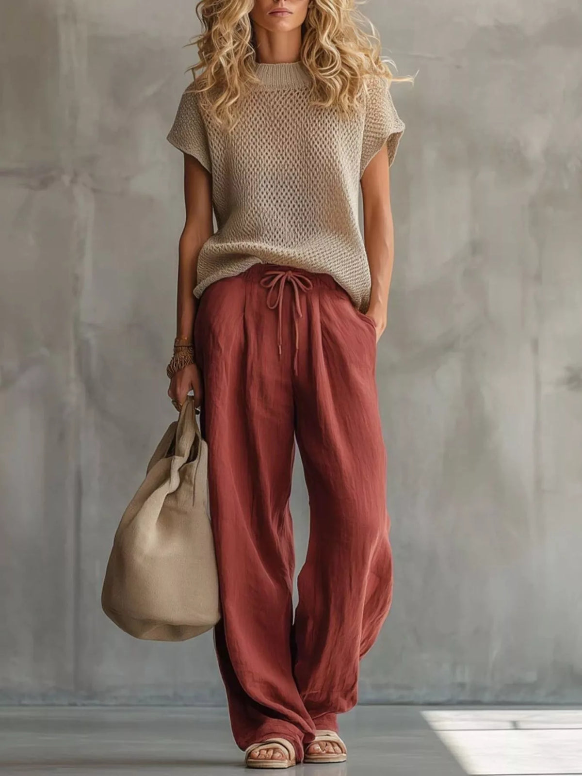 Trendsi Openwork Knit Top and Wide-Leg Pant Set -