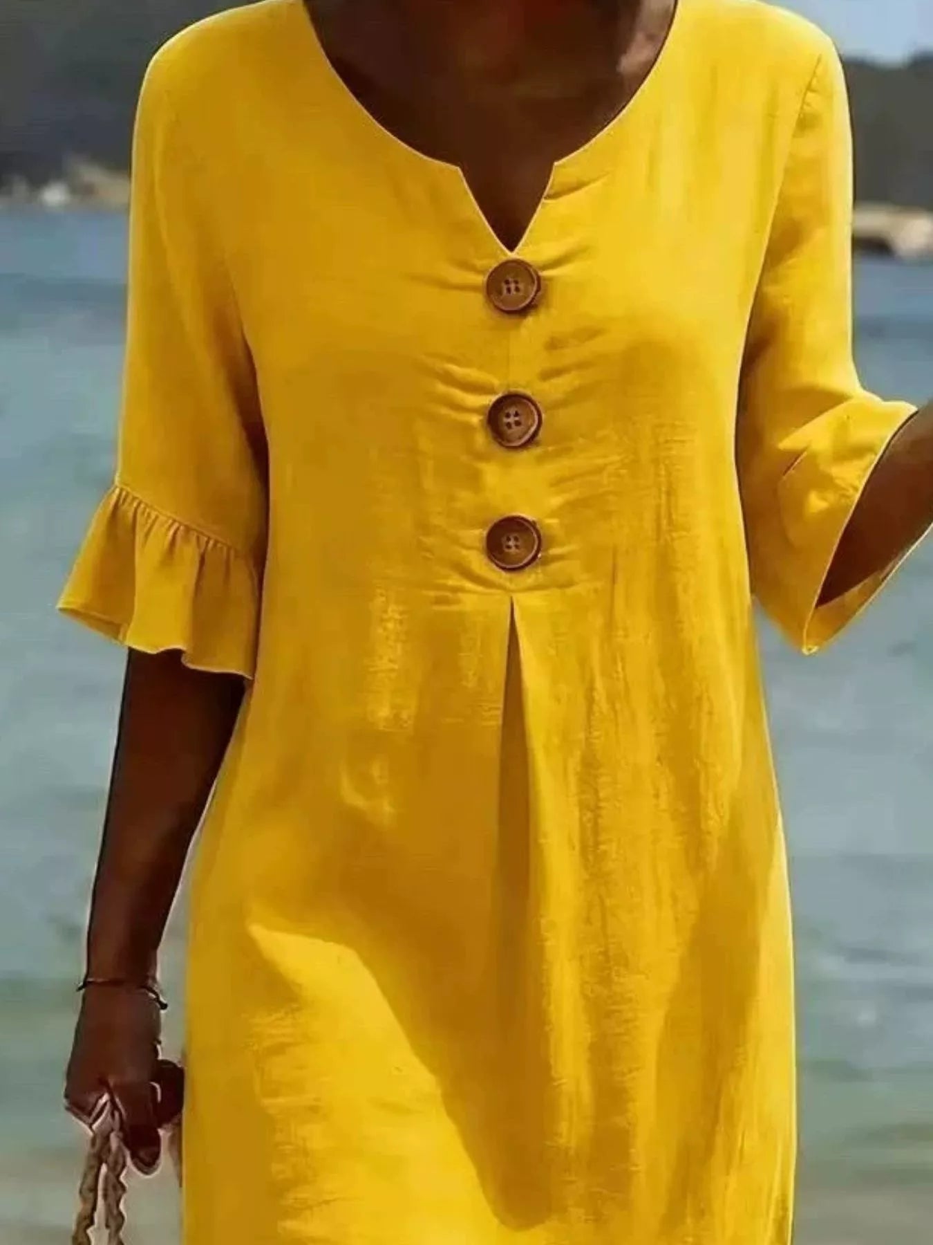 Trendsi Full Size Casual Decor Button Dress with Ruffle Sleeves Plus Size -
