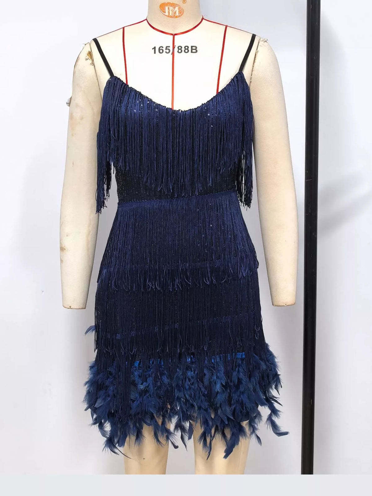 Navy feather fringe sequin mini dress, front view