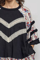 Trendsi POL Round Neck Half Sleeve Contrast Floral Lace Oversized Knit Top -
