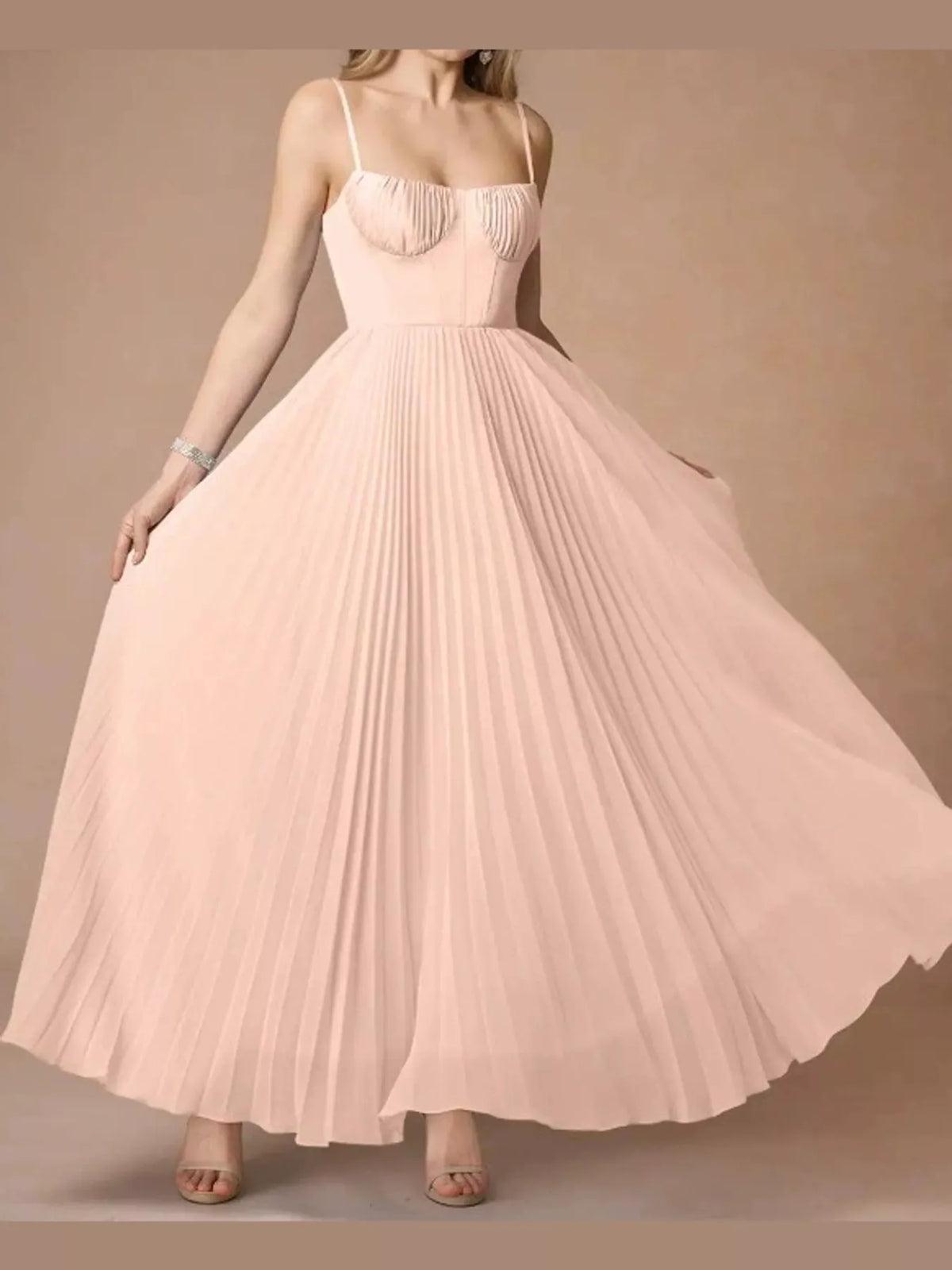 Pink pleated sweetheart neck midi dress — front view