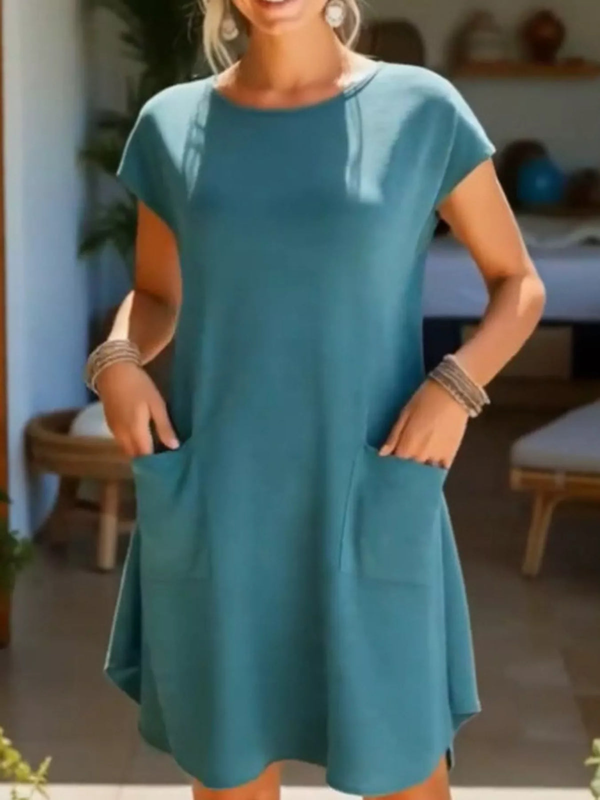 Blue loose fit t-shirt dress with pockets