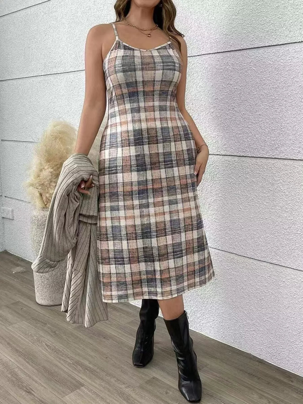 Taupe and plaid ribbed cardigan and plaid dress set, plaid dress shown with cardigan held