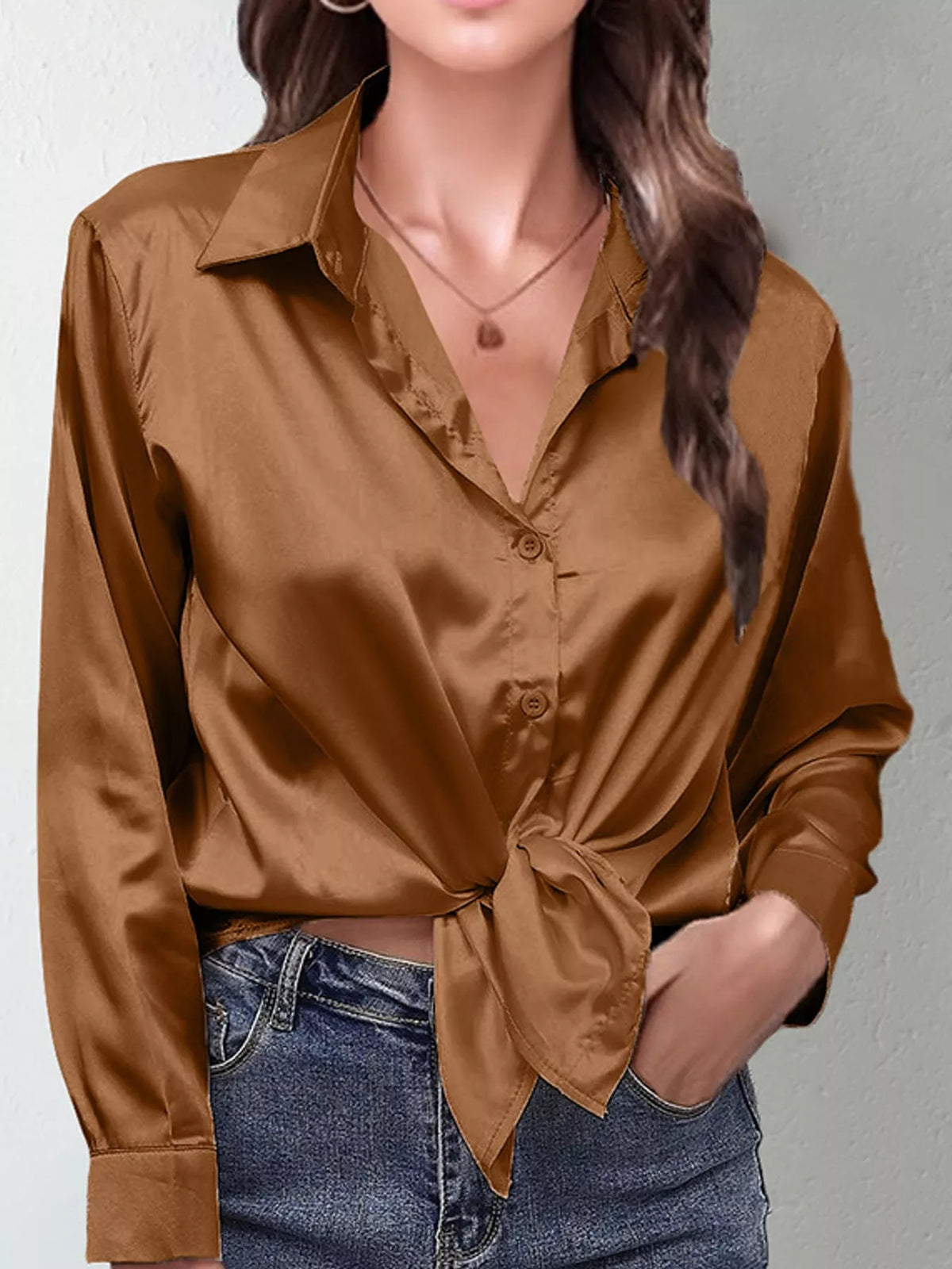Dark Brown satin button-down long sleeve shirt