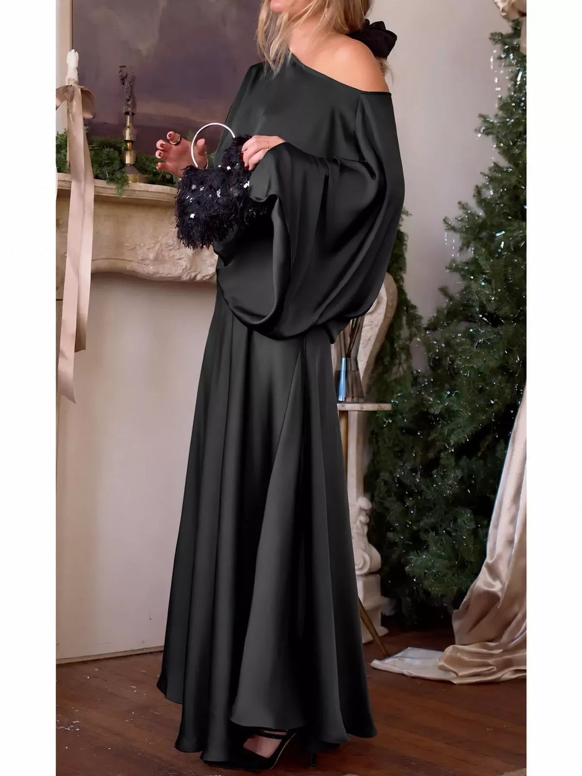 Black satin cape sleeve maxi dress, side view