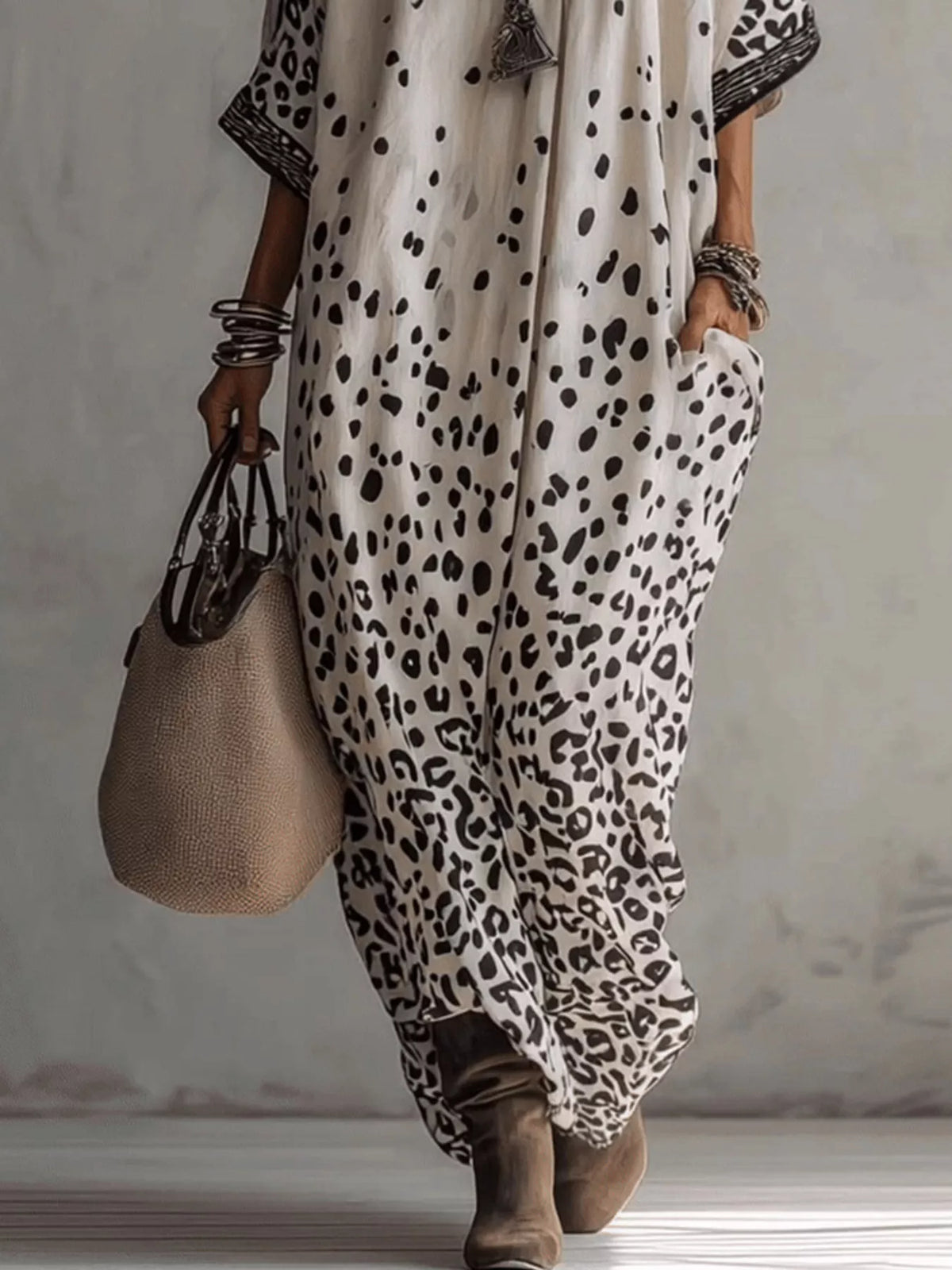Trendsi V-Neck Leopard Print Loose Maxi Dress -