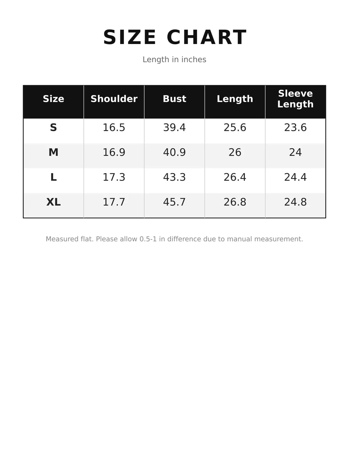 Collared long sleeve blazer, size and measurement chart