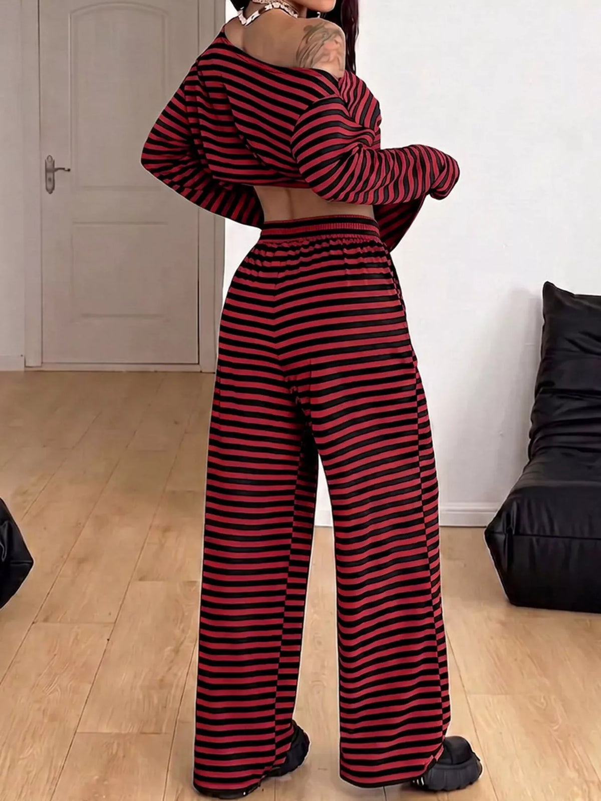 Off-Shoulder Striped Long Sleeve Top and Wide Leg Pants Set, back view in burgundy and black