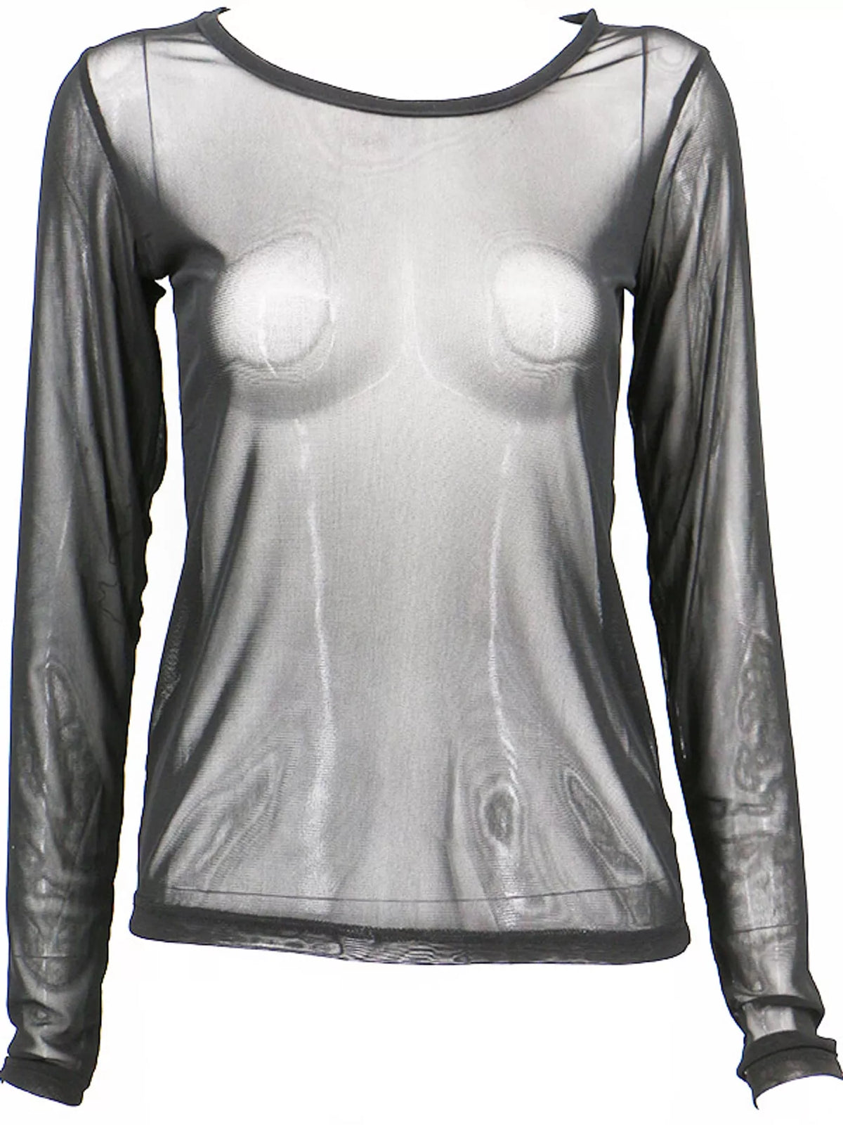 Black sheer mesh long sleeve top, front on mannequin