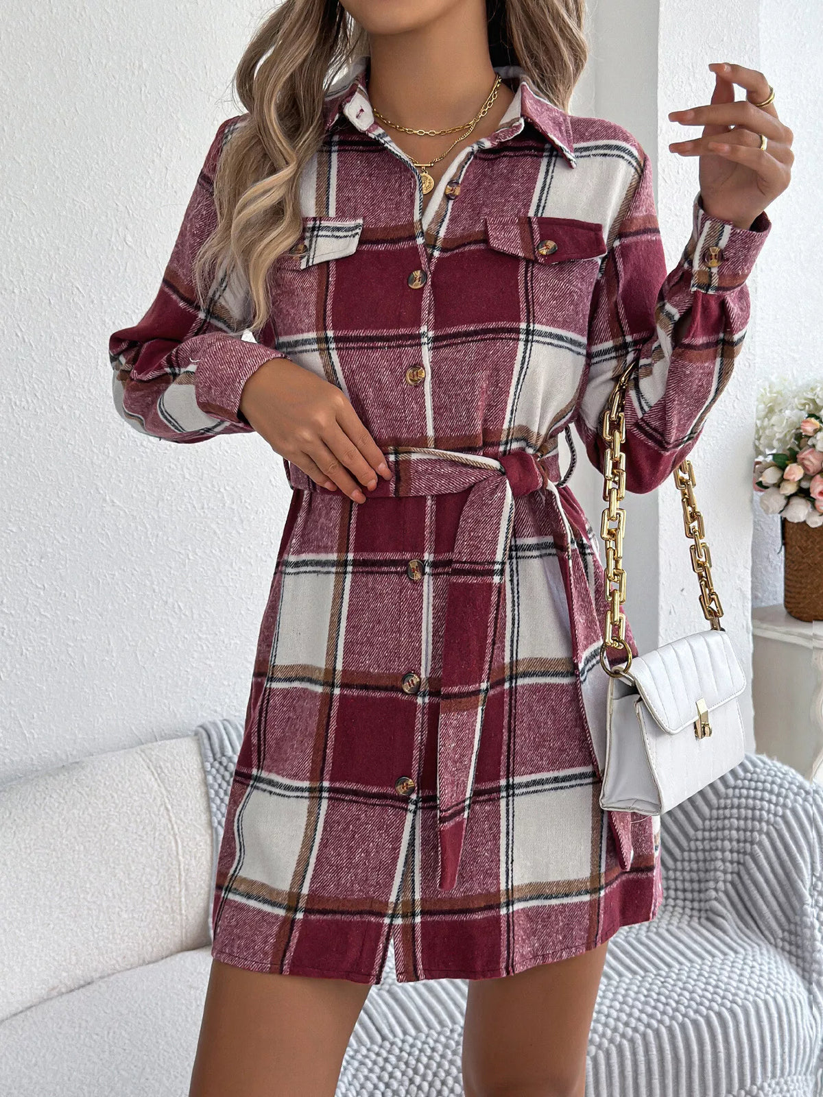 Red plaid button-front belted shirt dress