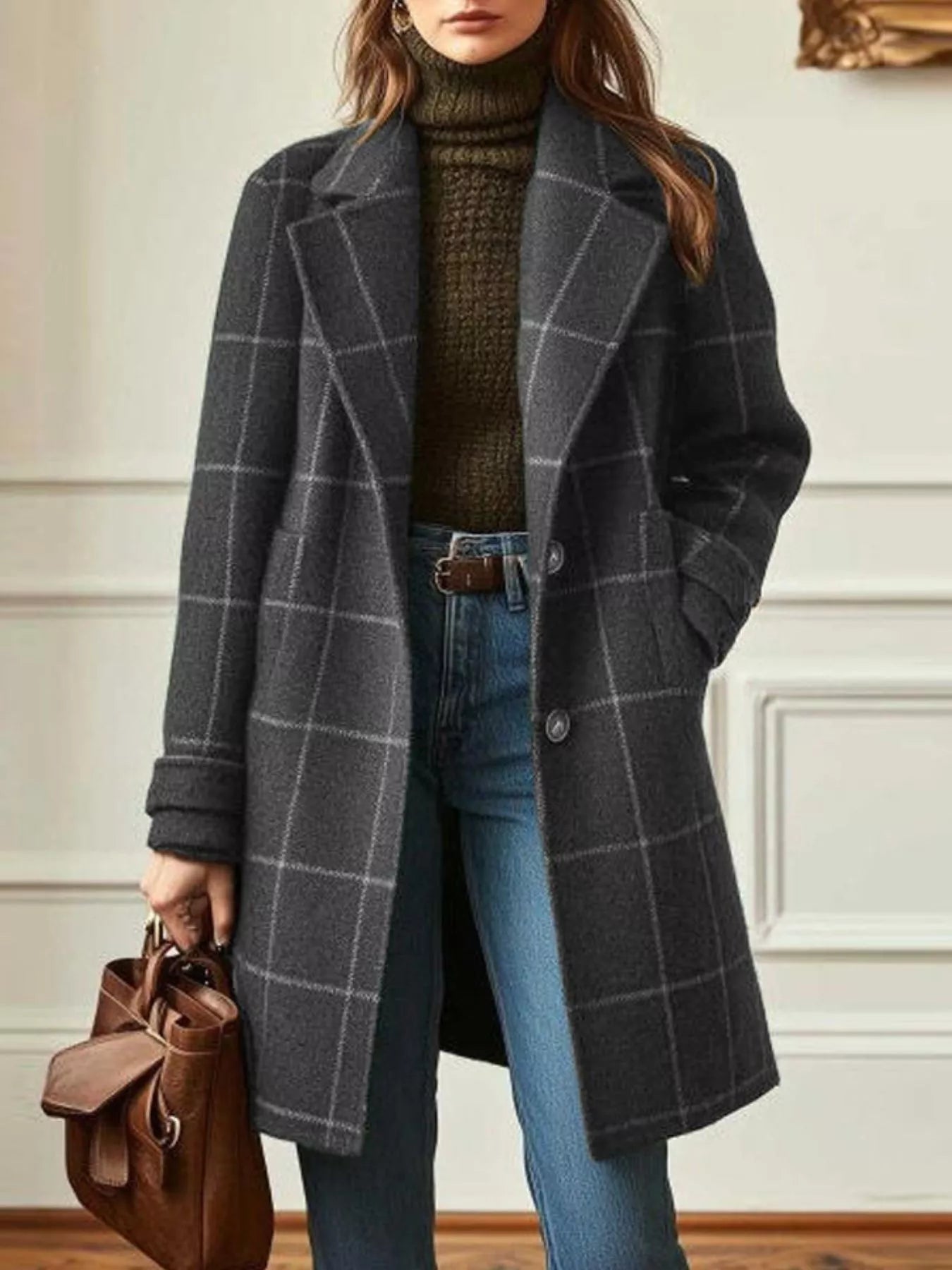 Trendsi Full Size Plaid Lapel Collar Longline Single-Breasted Overcoat Plus Size -