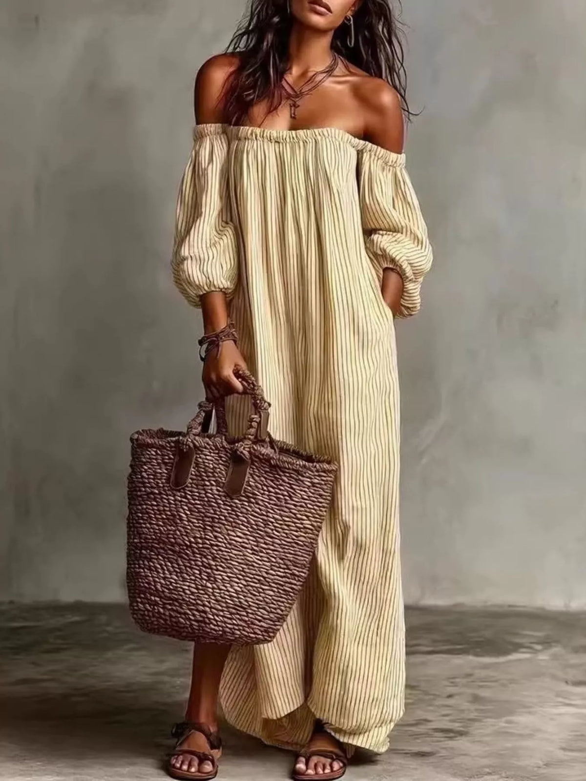 Trendsi Full Size Off-Shoulder Striped Maxi Dress with Puff Sleeves Plus Size -