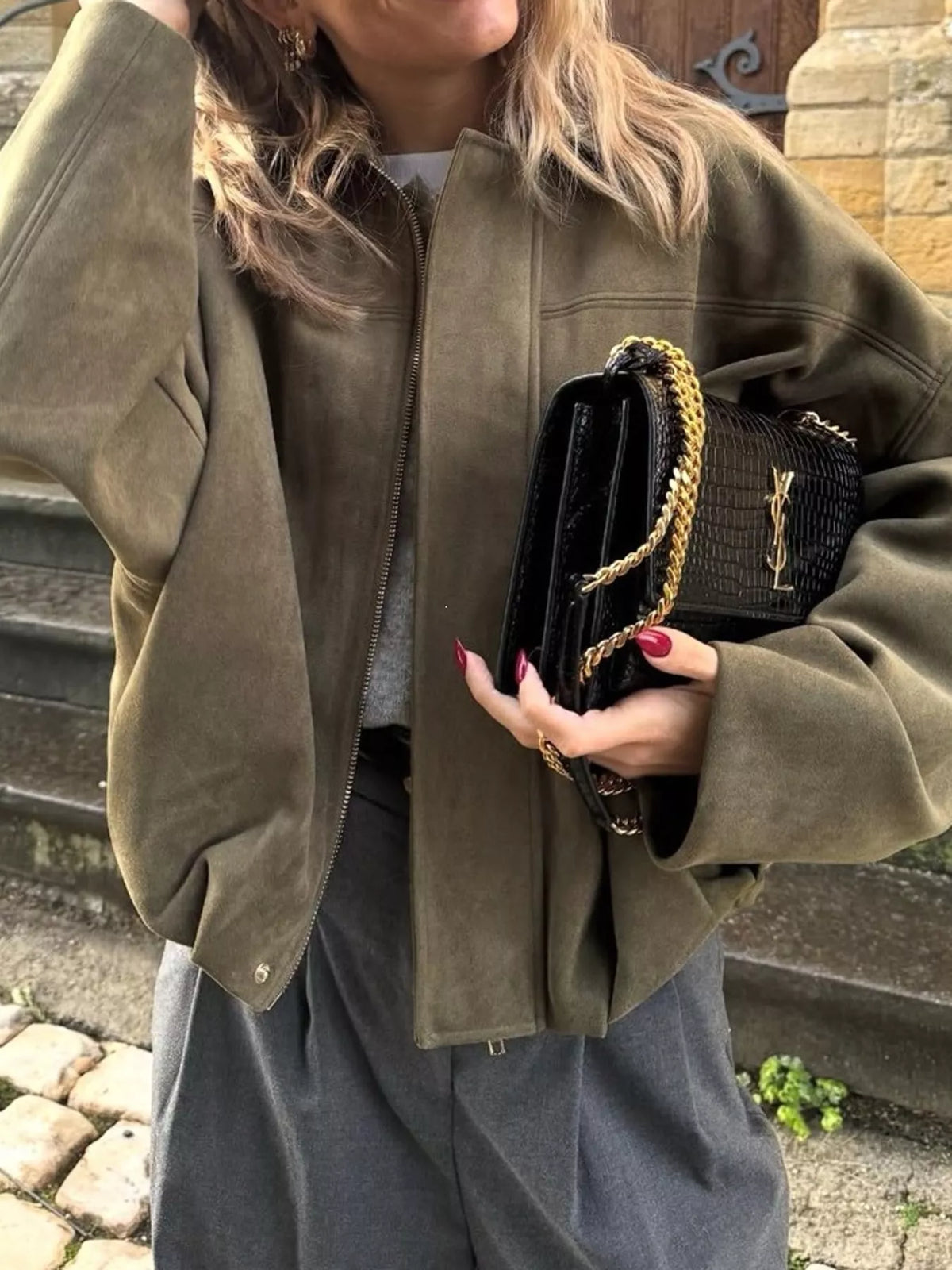 Olive elastic hem batwing sleeve jacket
