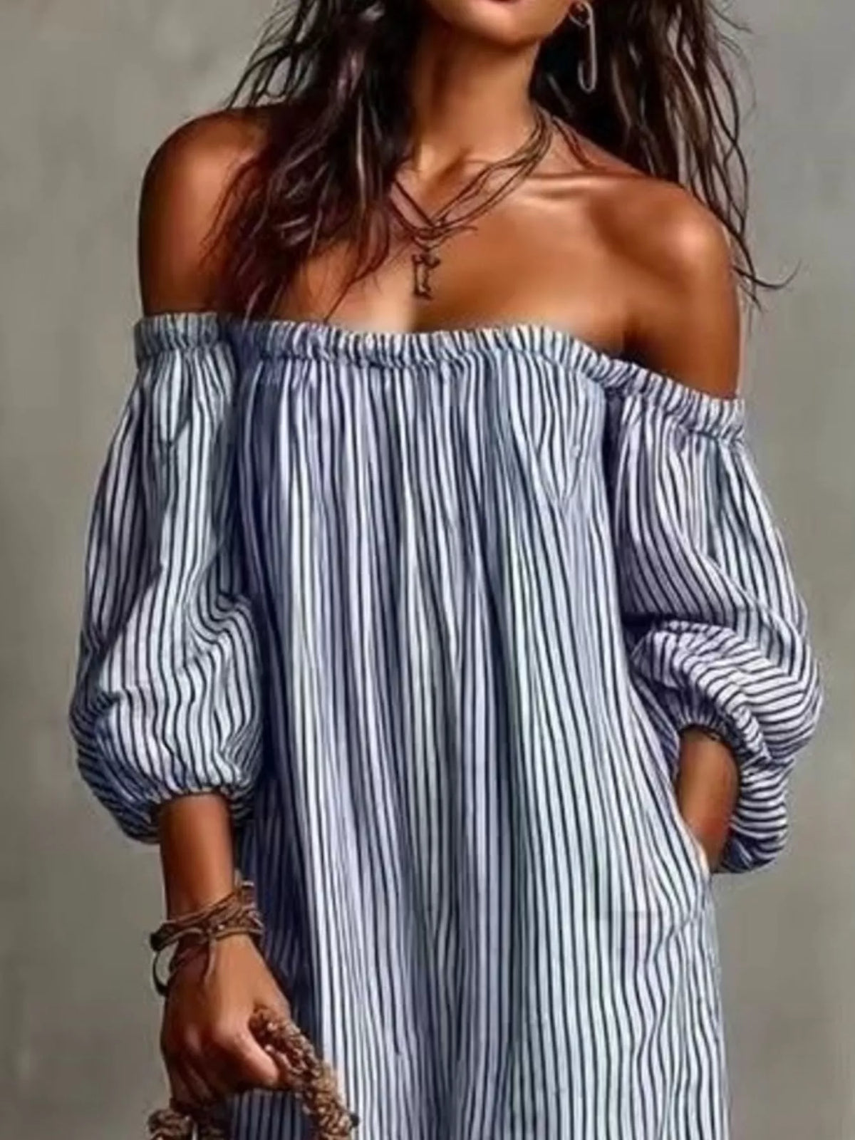 Trendsi Full Size Off-Shoulder Striped Maxi Dress with Puff Sleeves Plus Size -
