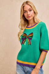 Trendsi BiBi Mardi Gras Sequin Ribbon Patched Sweater -