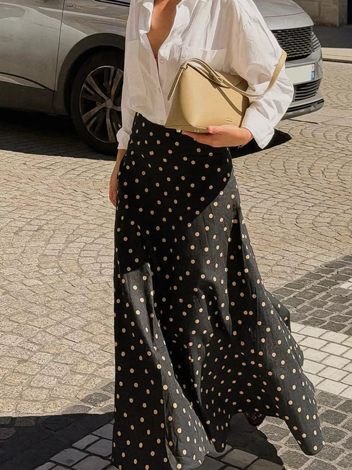 Polka Dot High-Waisted A-Line Skirt in black, front view