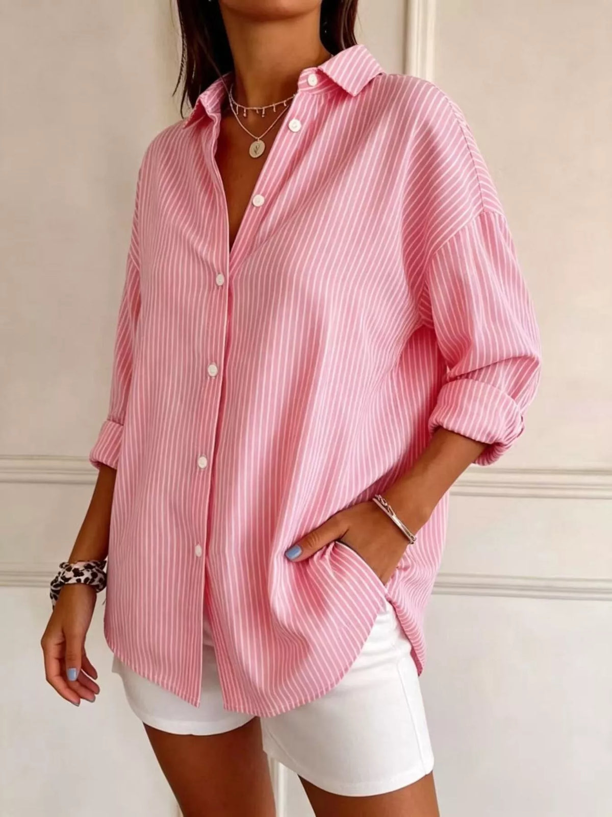 Pink striped long sleeve shirt, front view