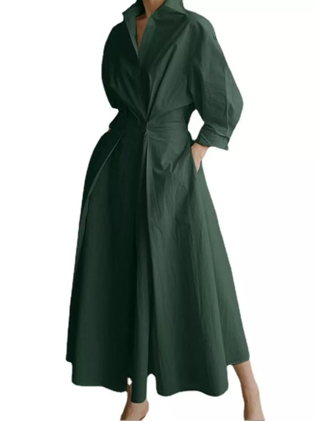 Collared Three-Quarter Sleeve Midi Shirt Dress — front view