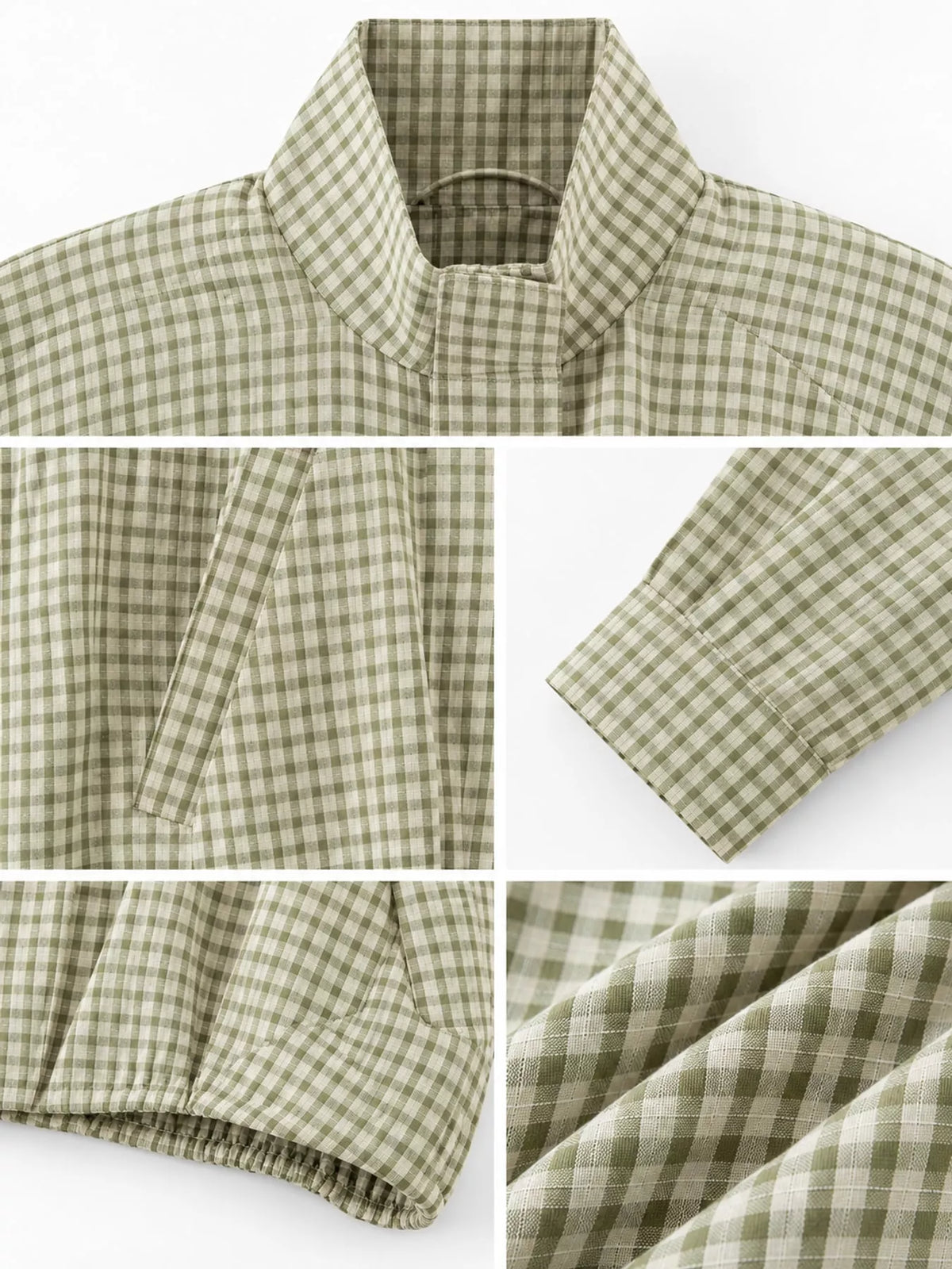 Grass Green plaid stand-collar cropped jacket, detail view