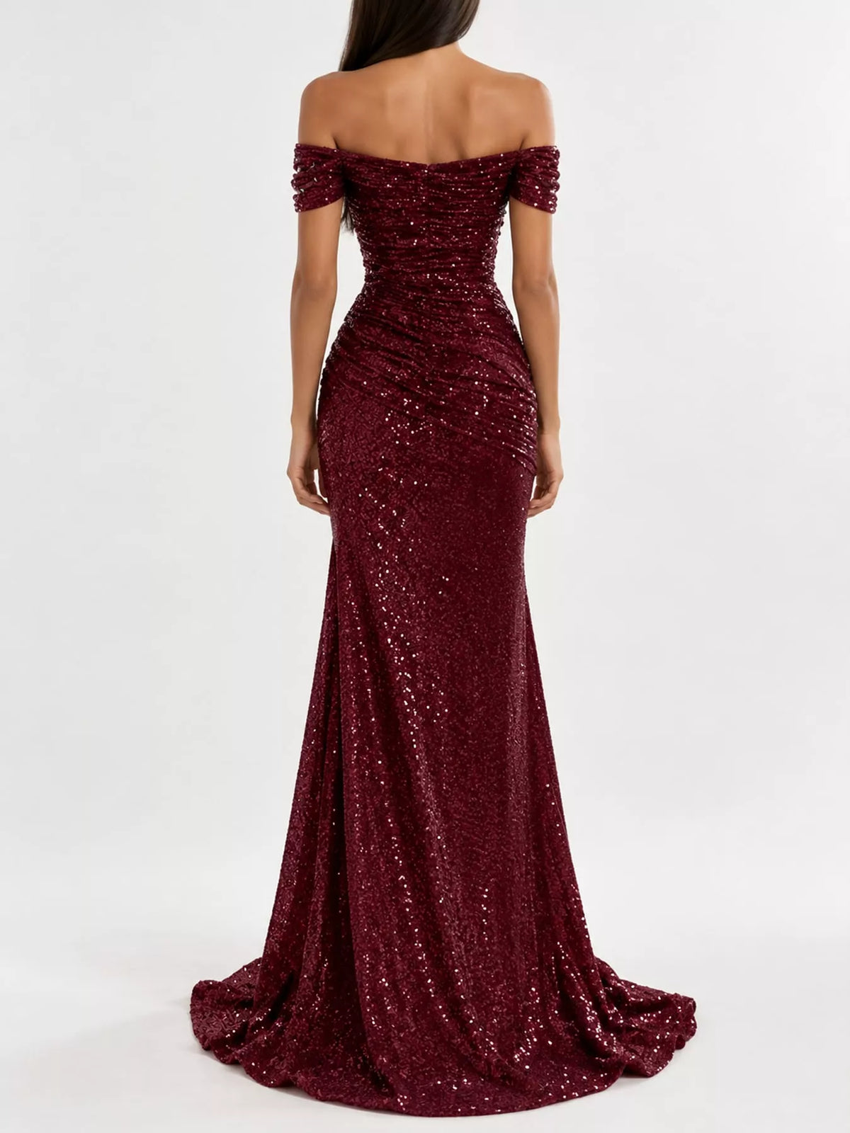 Off-shoulder short sleeve maxi dress, back view
