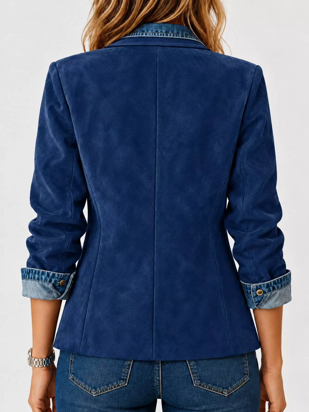 Blue lapel collar button-up blazer — back view