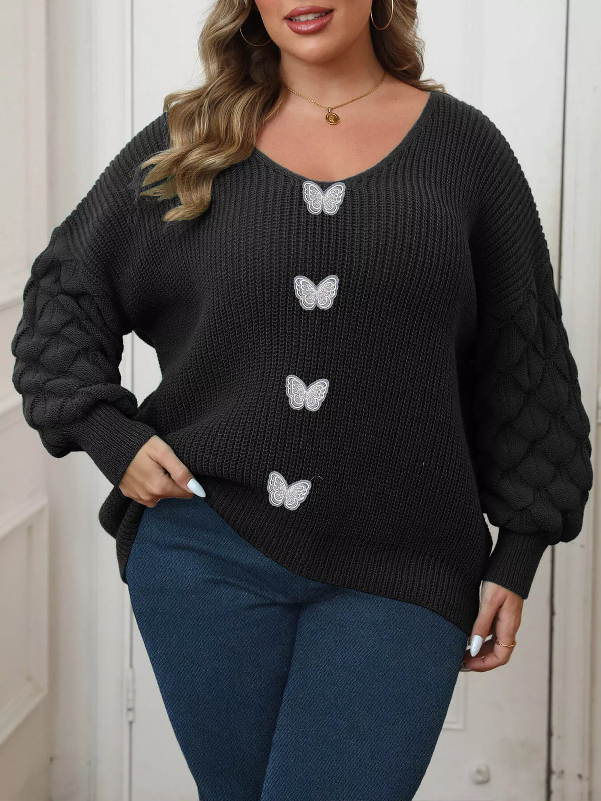 Trendsi Plus Size Butterfly Dropped Shoulder Sweater -